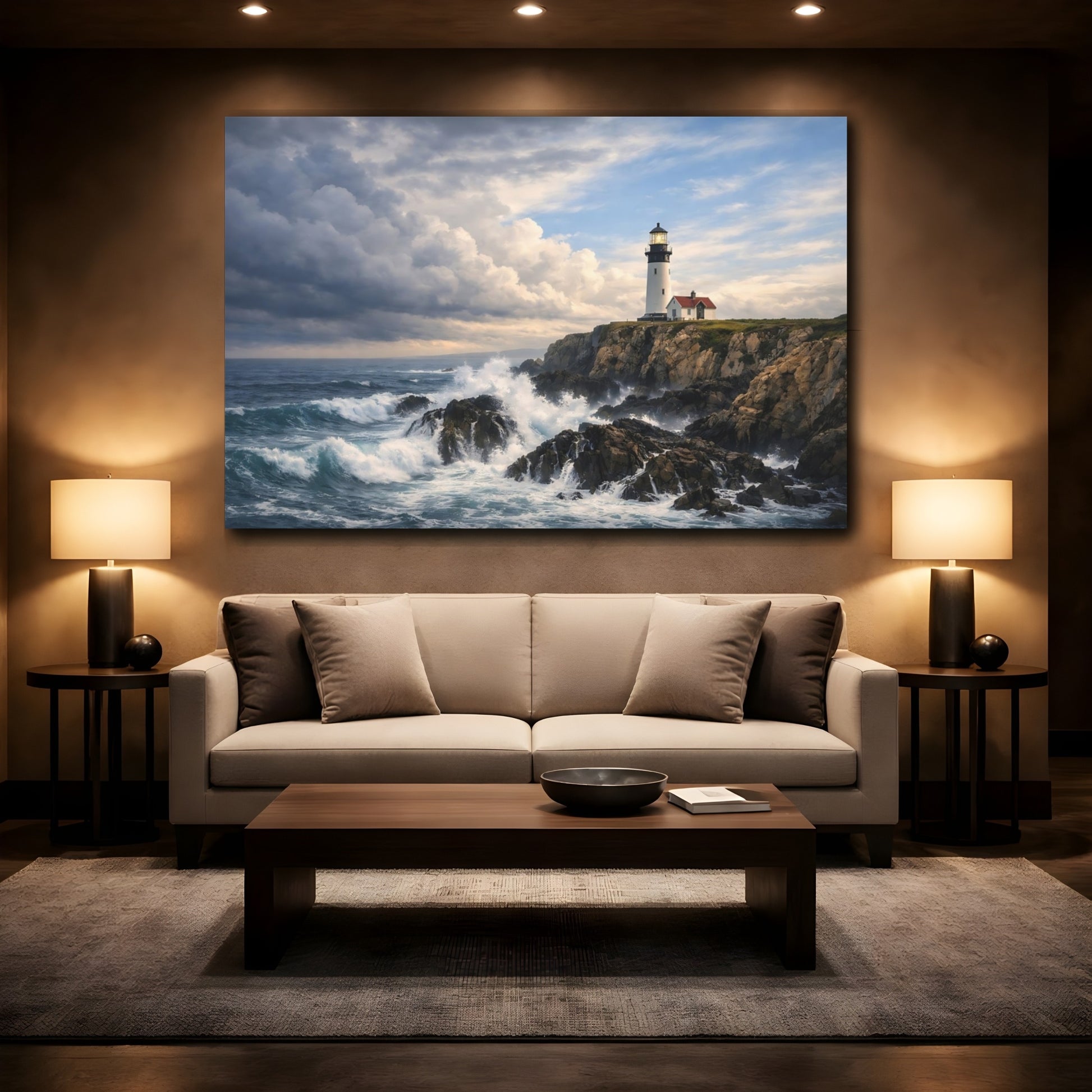 Mockup 2. Nature Lighthouse Blue And Gray Coastal shown as stretched canvas wall art