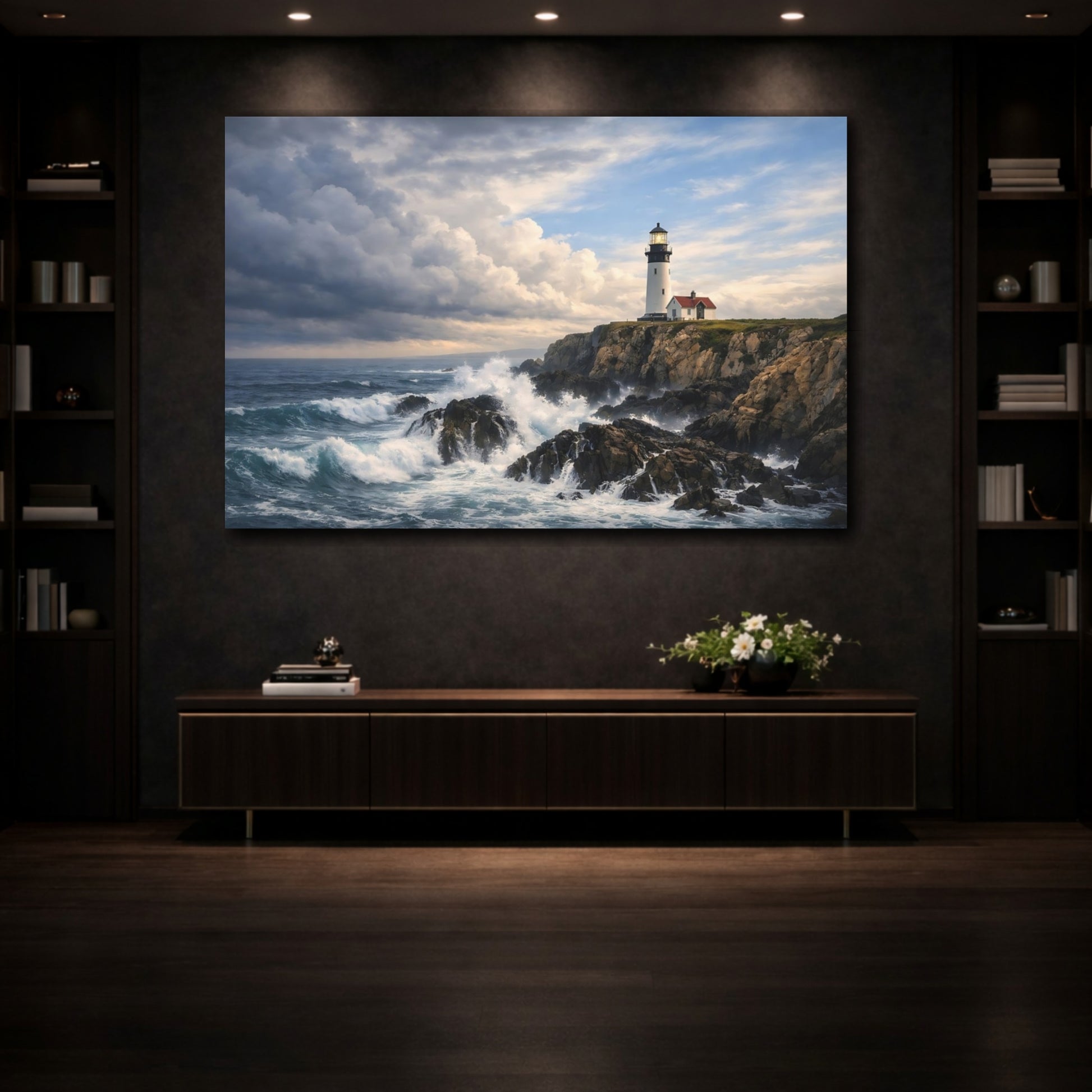 Mockup 3. Nature Lighthouse Blue And Gray Coastal shown as stretched canvas wall art
