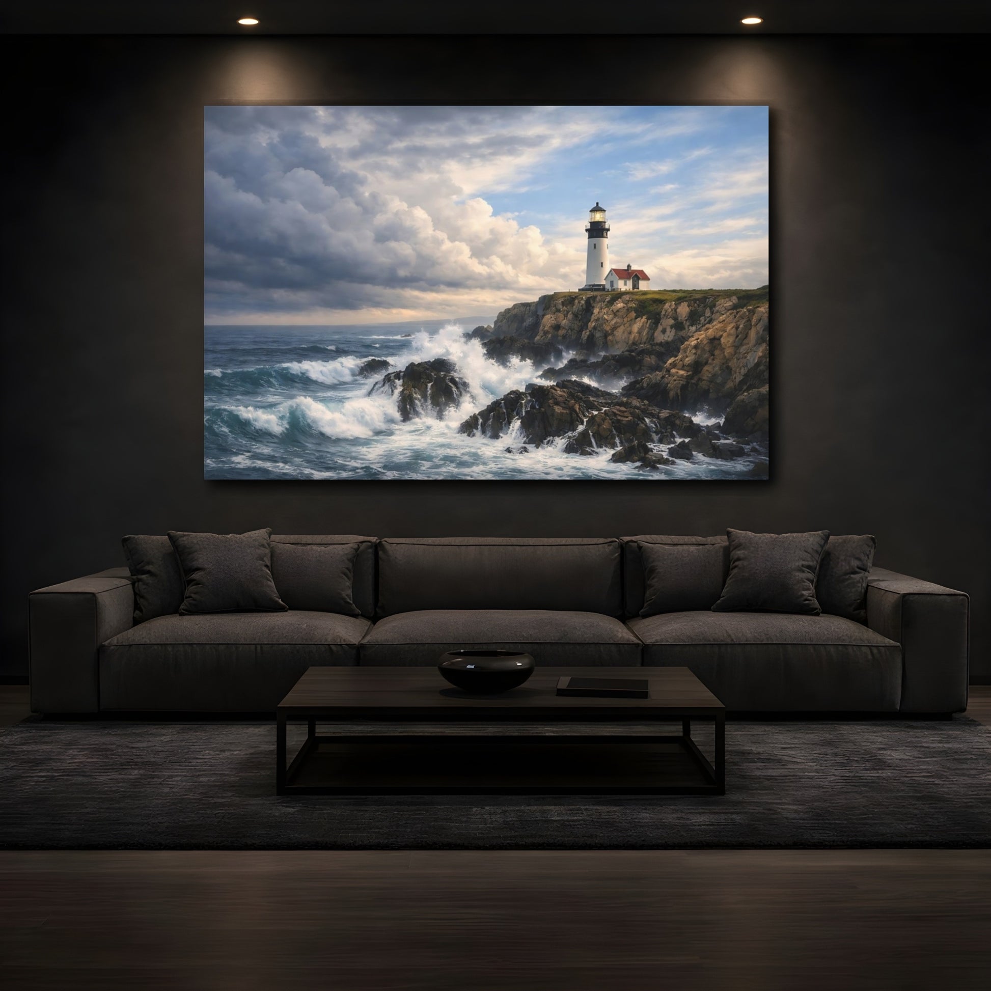 Mockup 4. Nature Lighthouse Blue And Gray Coastal shown as stretched canvas wall art