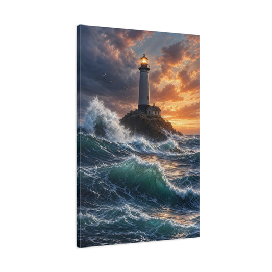 Main Mockup. Nature Lighthouse Blue And Orange shown as stretched canvas wall art