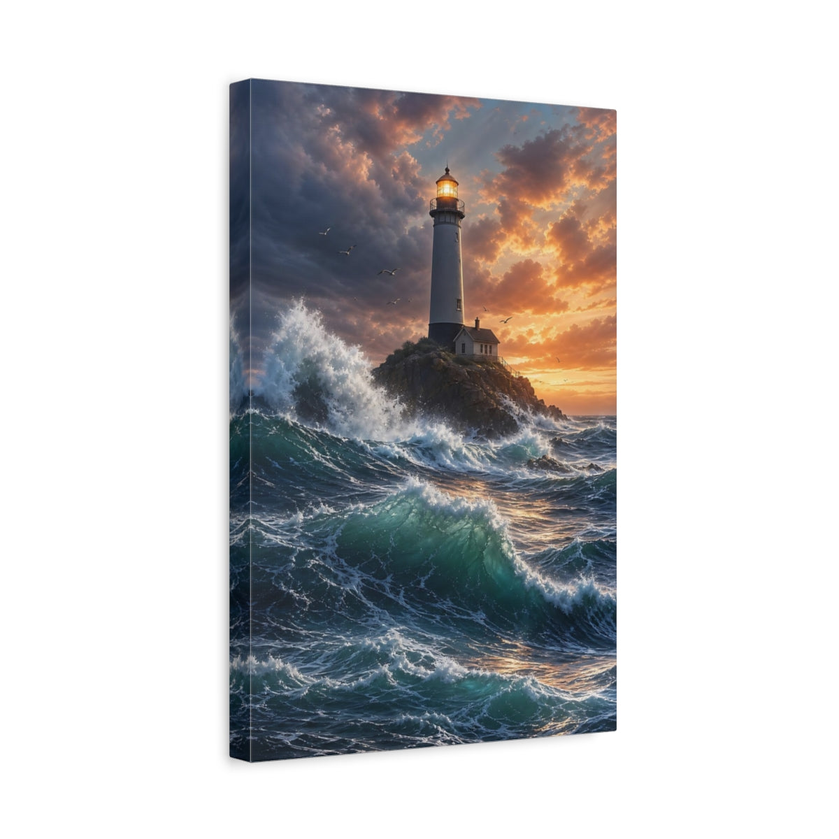 Side Mockup 4. Nature Lighthouse Blue And Orange shown as stretched canvas wall art