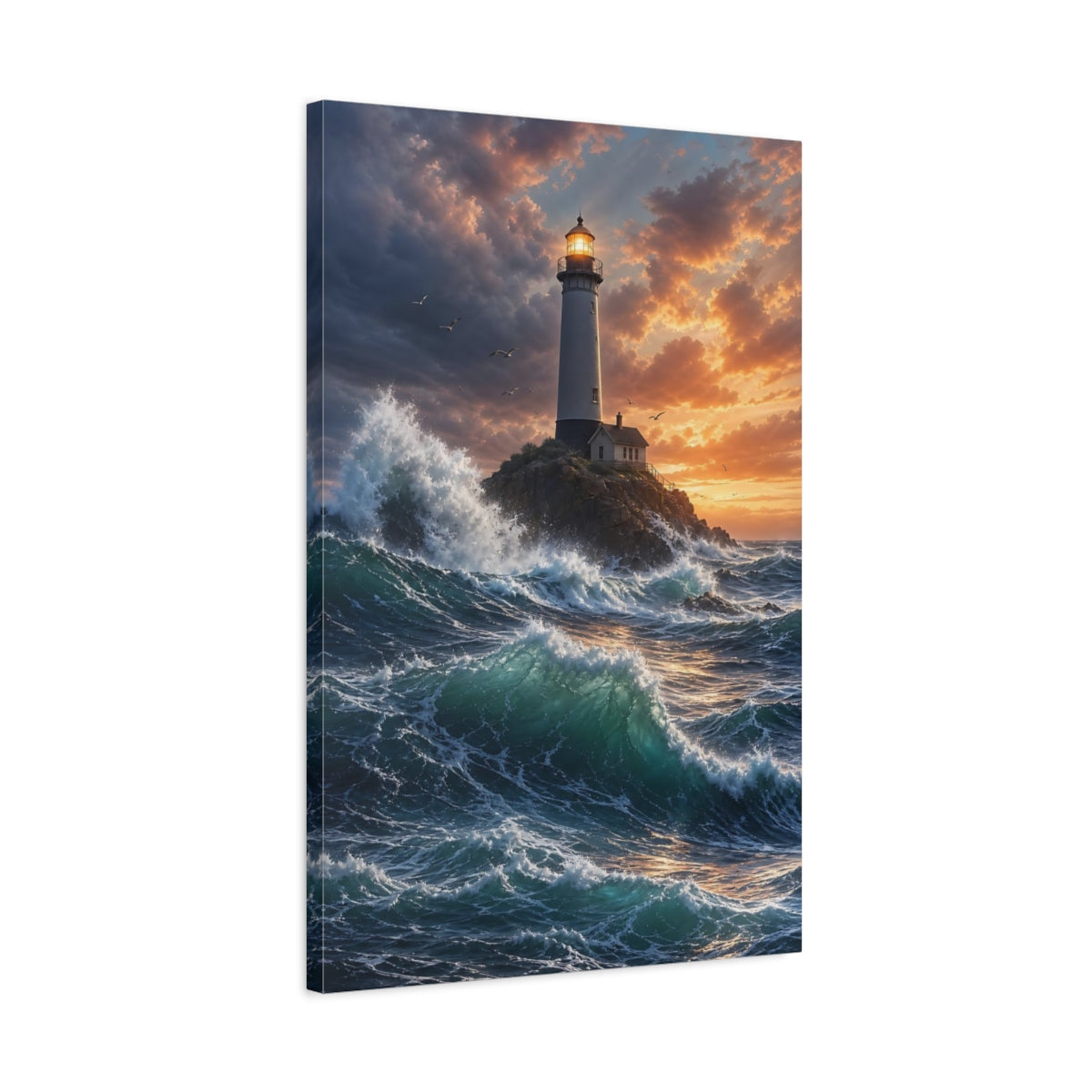 Side Mockup 2. Nature Lighthouse Blue And Orange shown as stretched canvas wall art