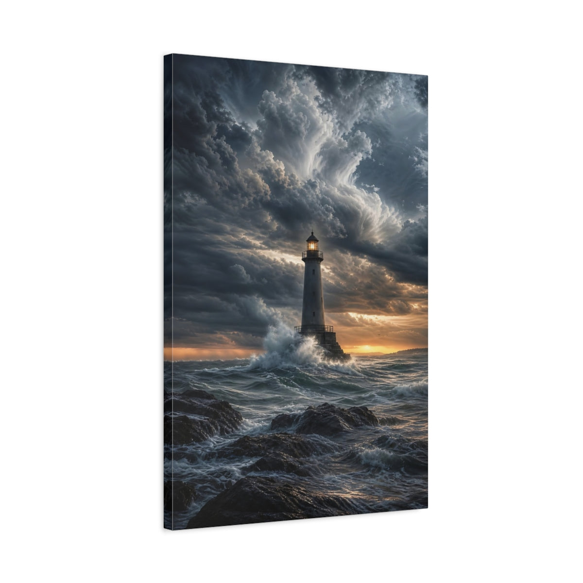 Side Mockup 2. Nature Lighthouse Blue And Orange shown as stretched canvas wall art