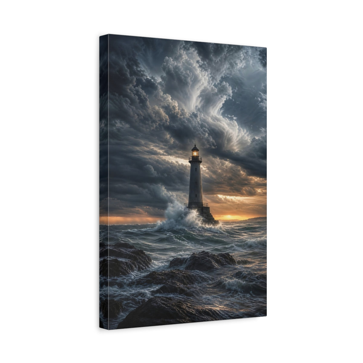 Side Mockup 4. Nature Lighthouse Blue And Orange shown as stretched canvas wall art