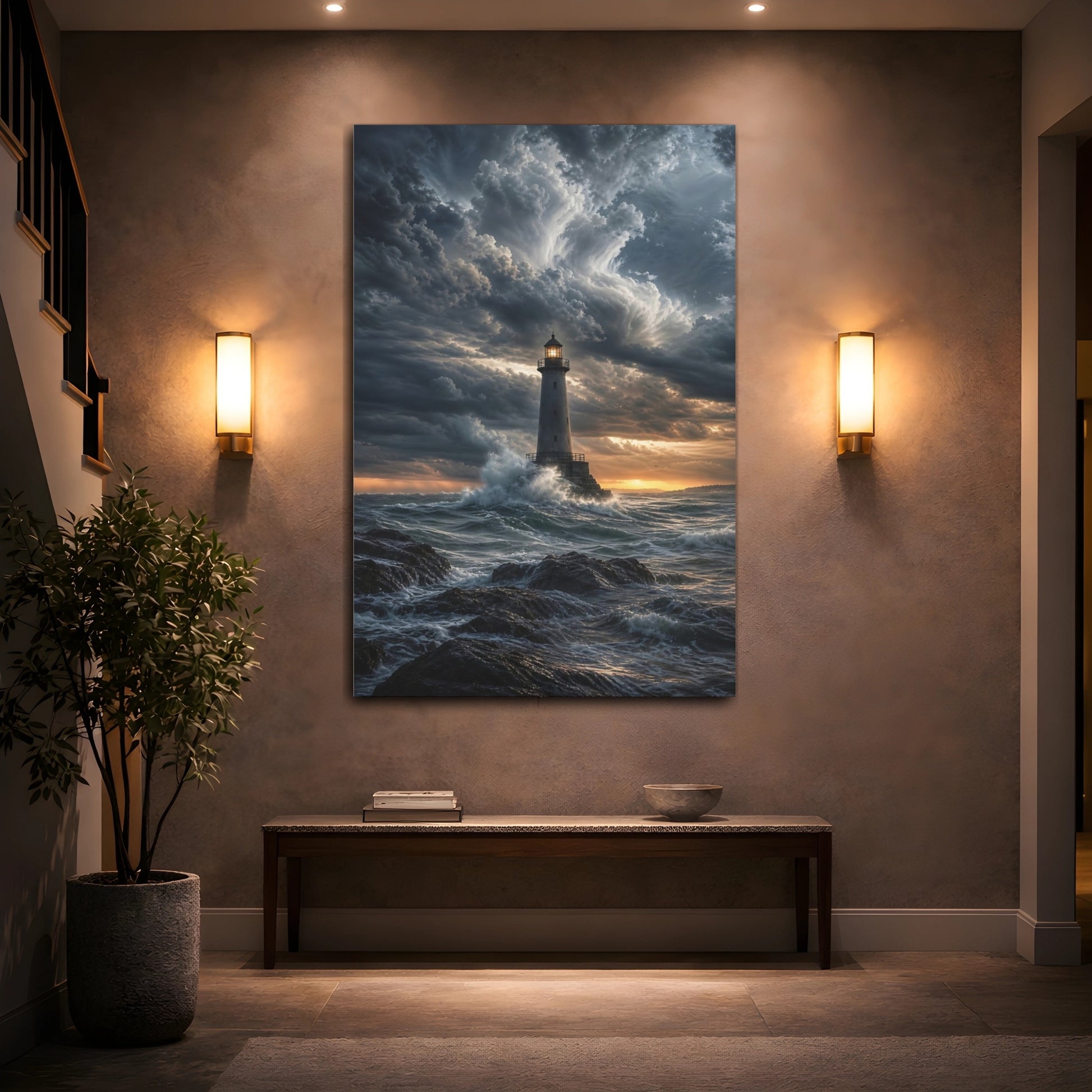 Mockup 2. Nature Lighthouse Blue And Orange shown as stretched canvas wall art
