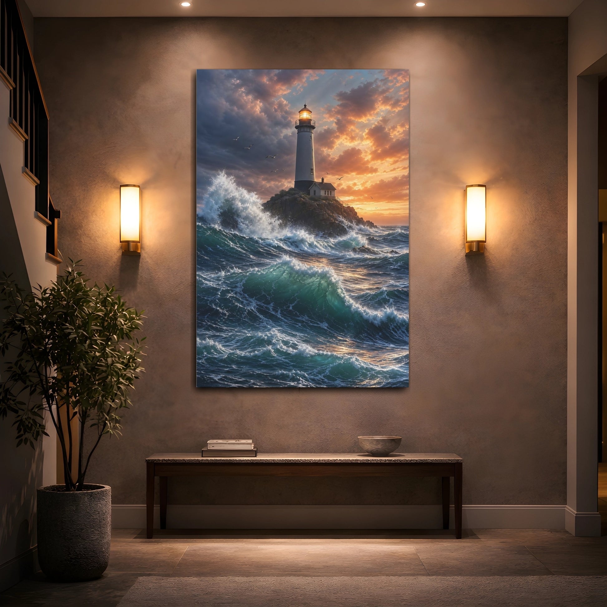 Mockup 2. Nature Lighthouse Blue And Orange shown as stretched canvas wall art