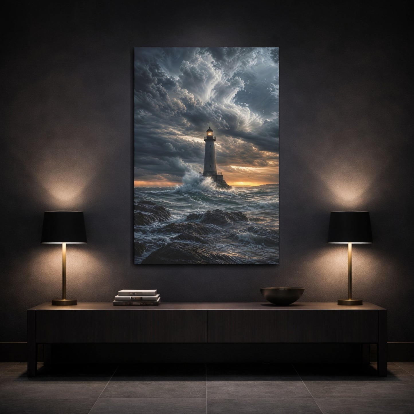 Mockup 3. Nature Lighthouse Blue And Orange shown as stretched canvas wall art