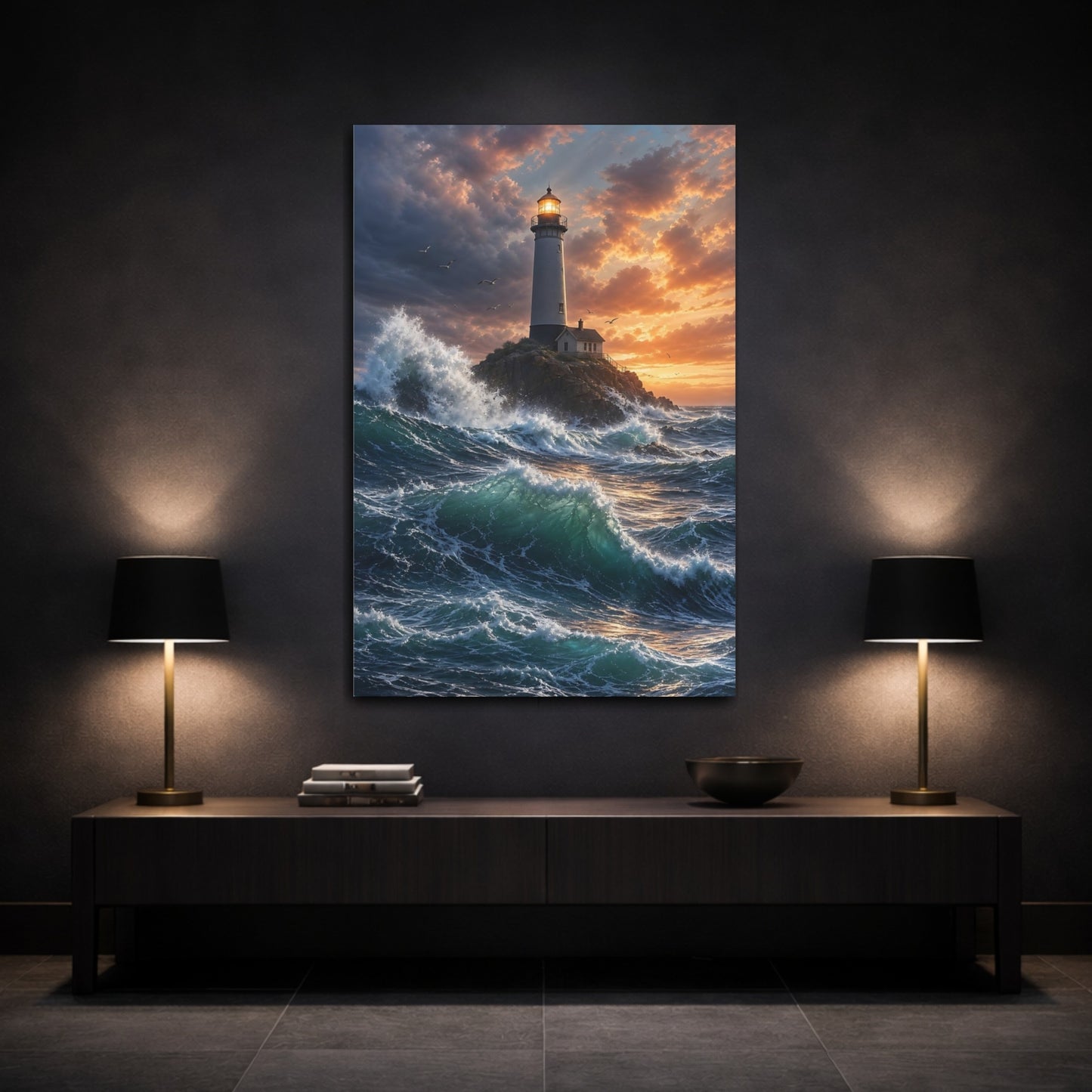 Mockup 3. Nature Lighthouse Blue And Orange shown as stretched canvas wall art