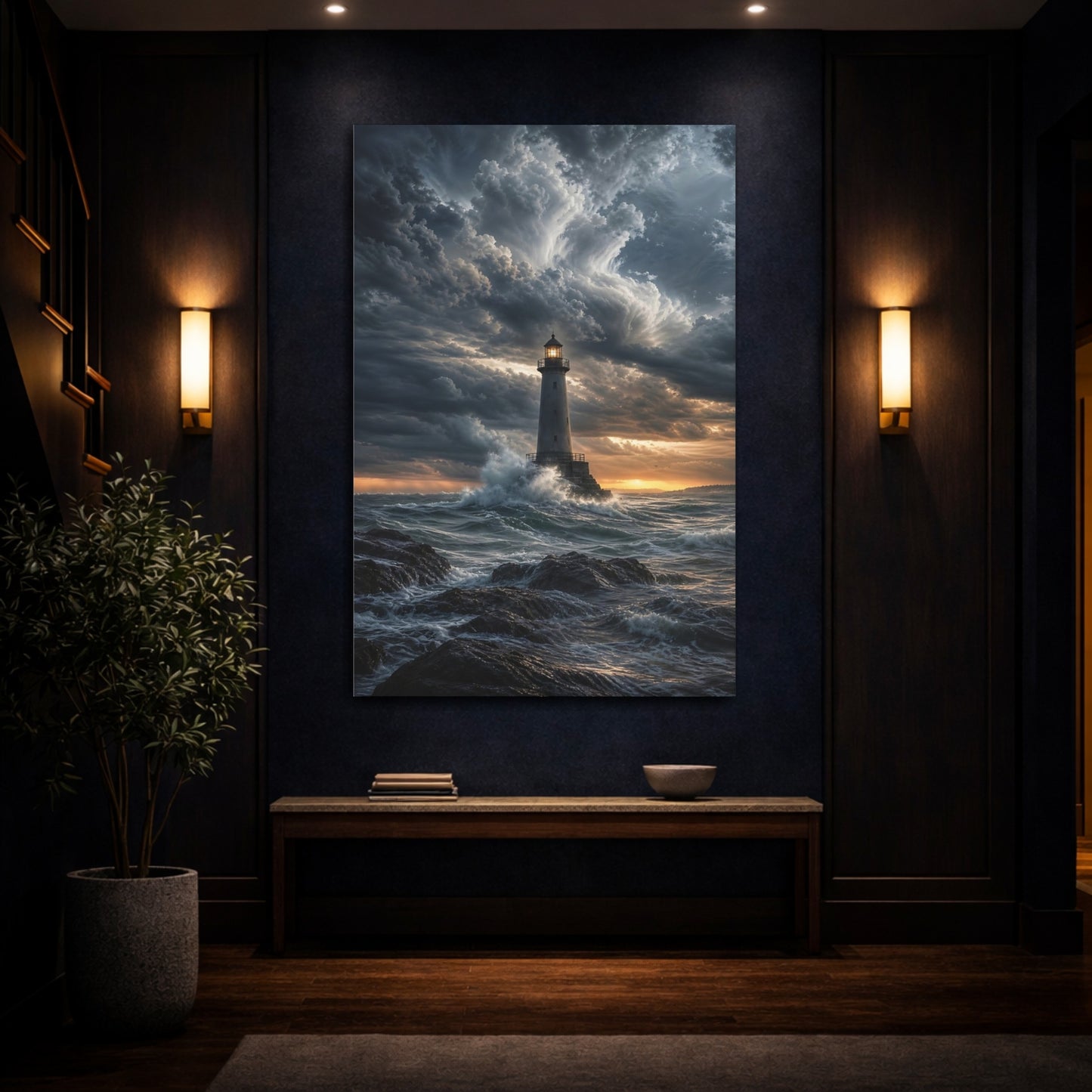 Mockup 4. Nature Lighthouse Blue And Orange shown as stretched canvas wall art
