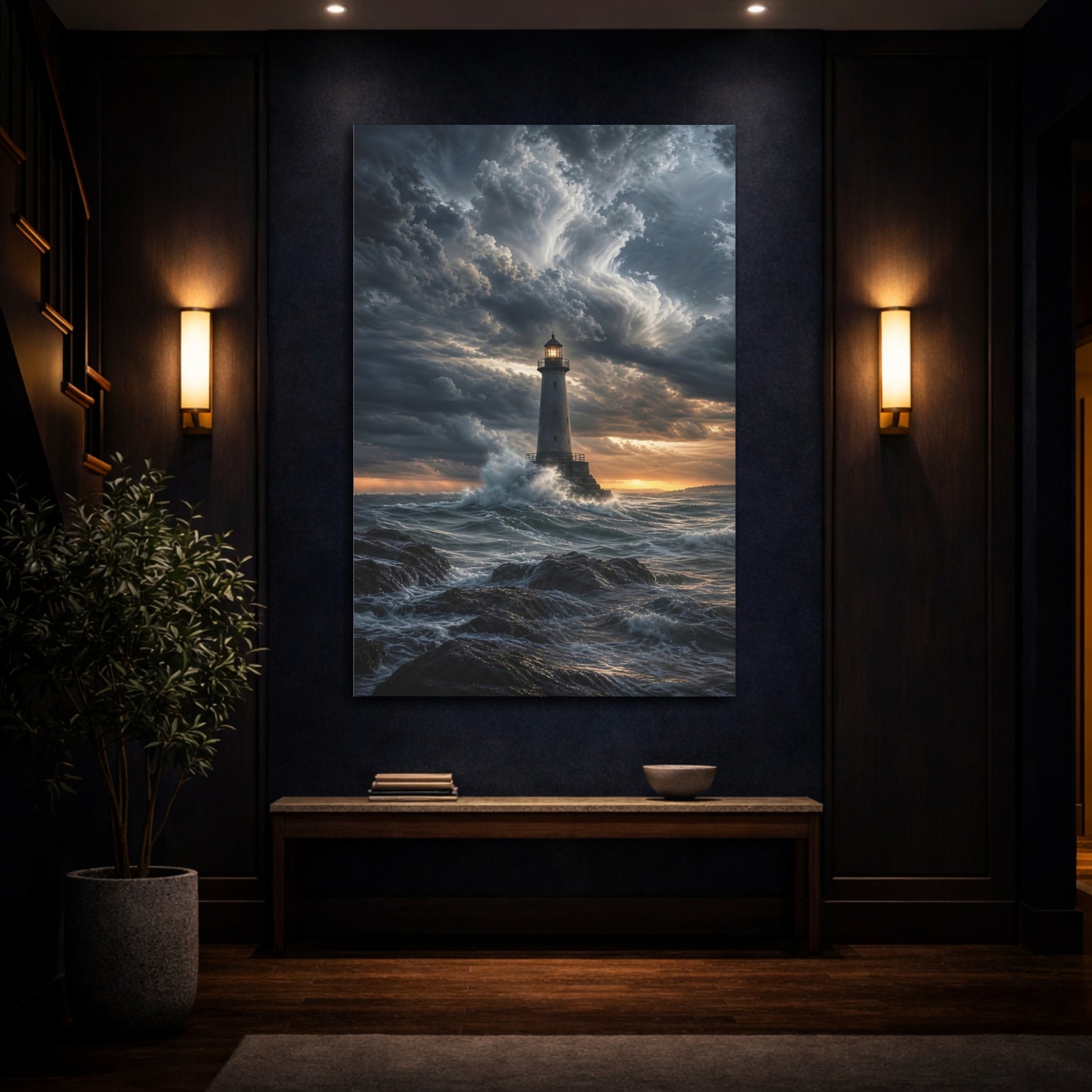 Mockup 4. Nature Lighthouse Blue And Orange shown as stretched canvas wall art