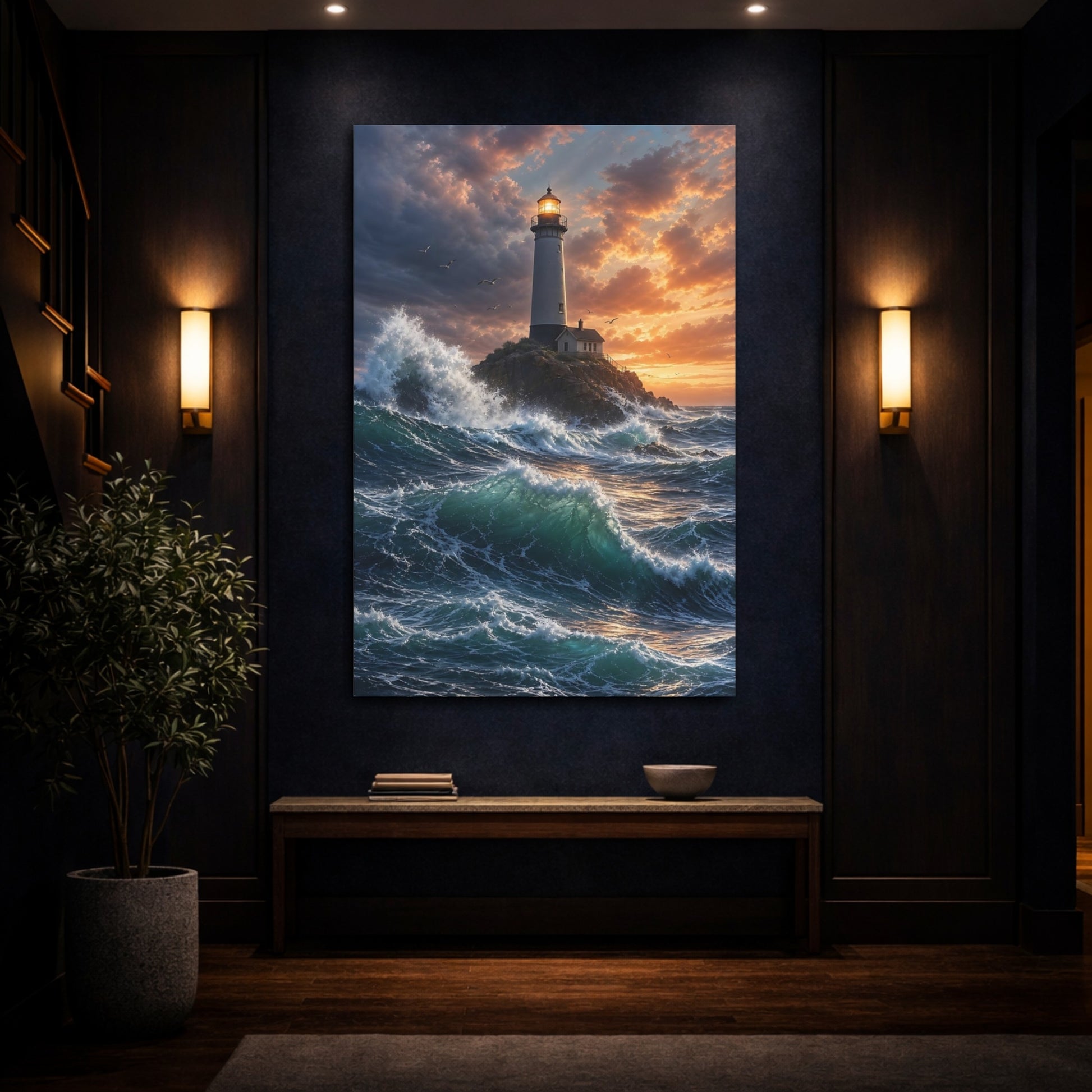 Mockup 4. Nature Lighthouse Blue And Orange shown as stretched canvas wall art