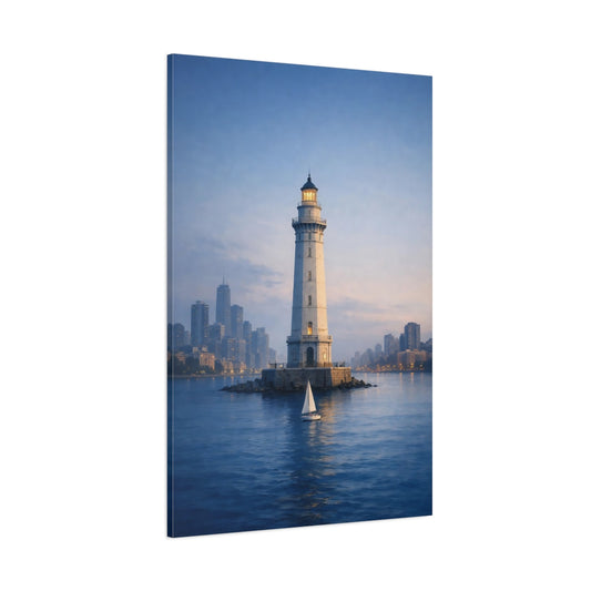 Main Mockup. Nature Lighthouse Blue And White shown as stretched canvas wall art
