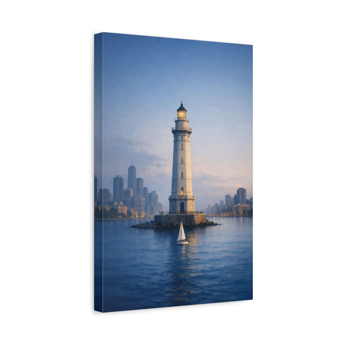Side Mockup 4. Nature Lighthouse Blue And White shown as stretched canvas wall art