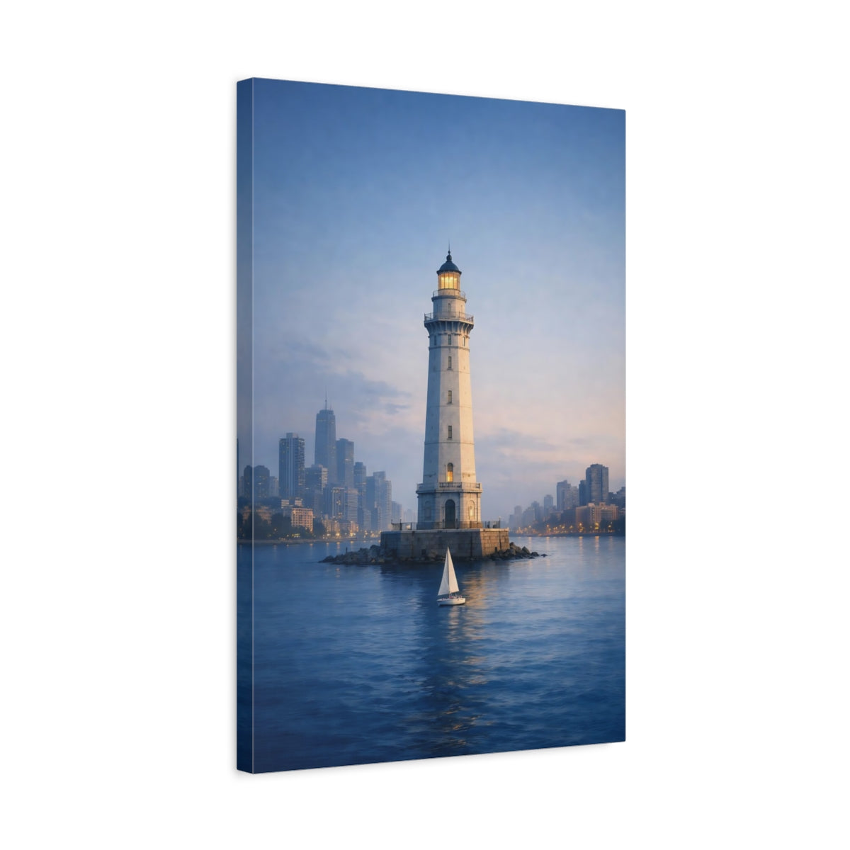 Side Mockup 3. Nature Lighthouse Blue And White shown as stretched canvas wall art