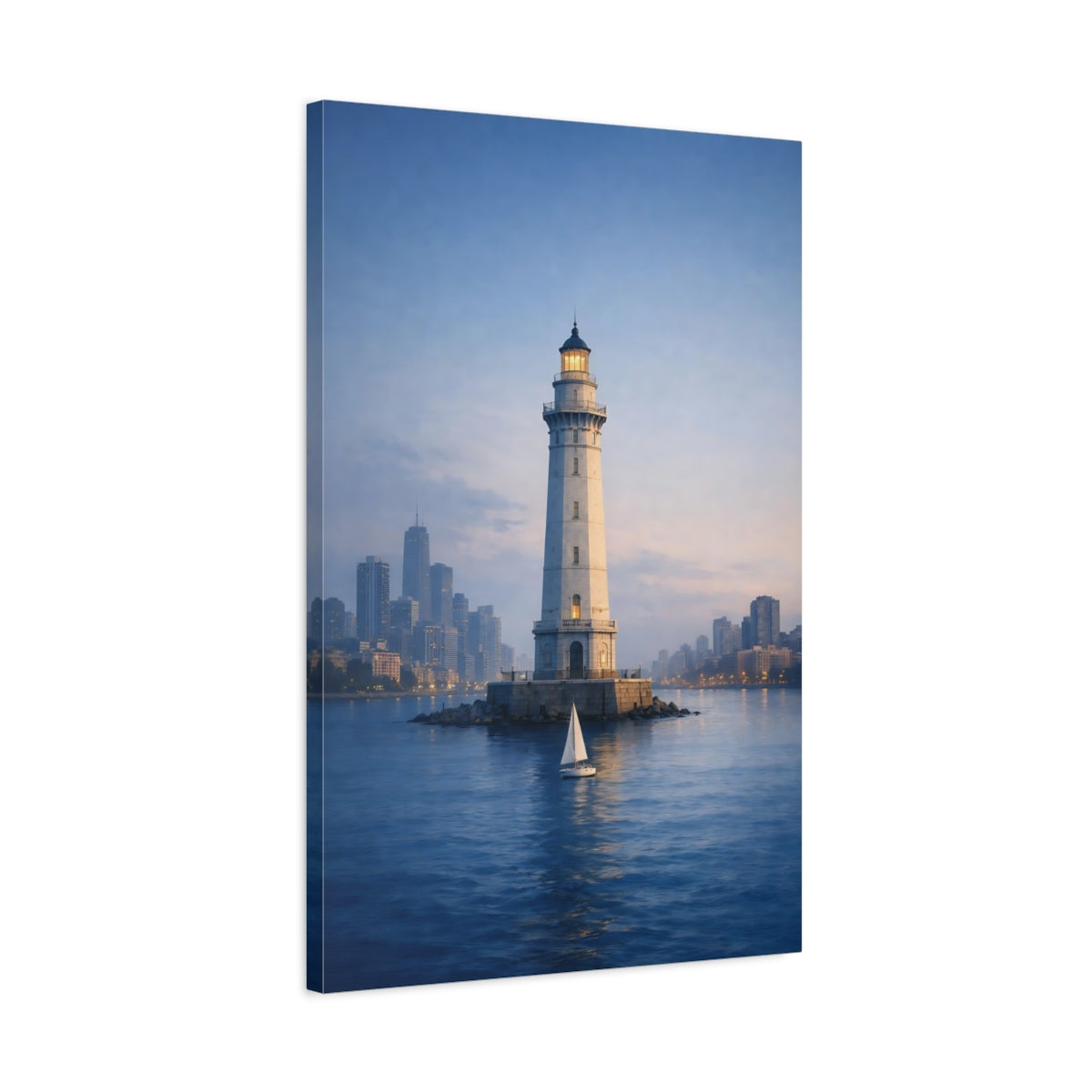 Side Mockup 2. Nature Lighthouse Blue And White shown as stretched canvas wall art
