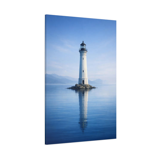 Main Mockup. Nature Lighthouse Blue And White Lighthouse shown as stretched canvas wall art