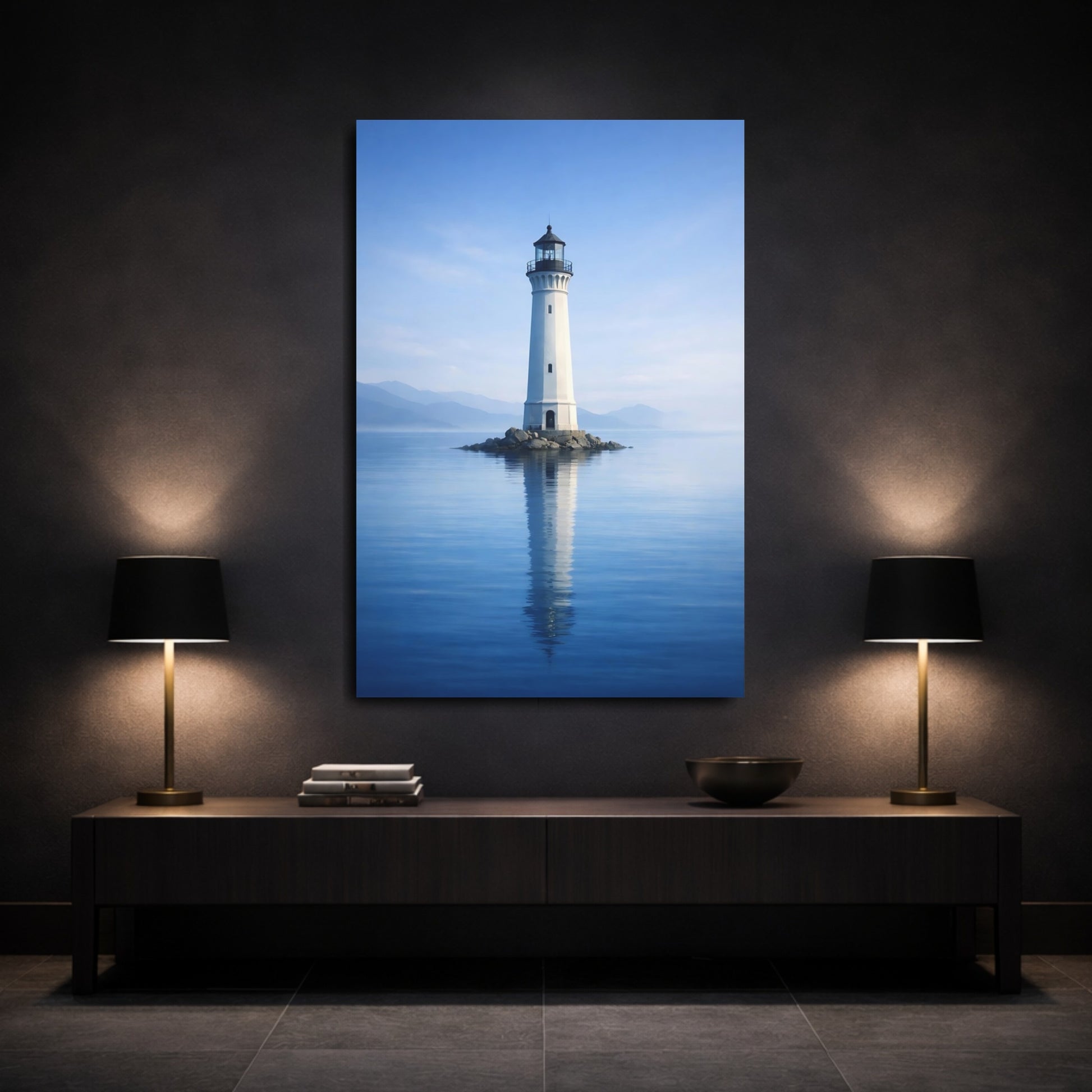 Mockup 2. Nature Lighthouse Blue And White Lighthouse shown as stretched canvas wall art