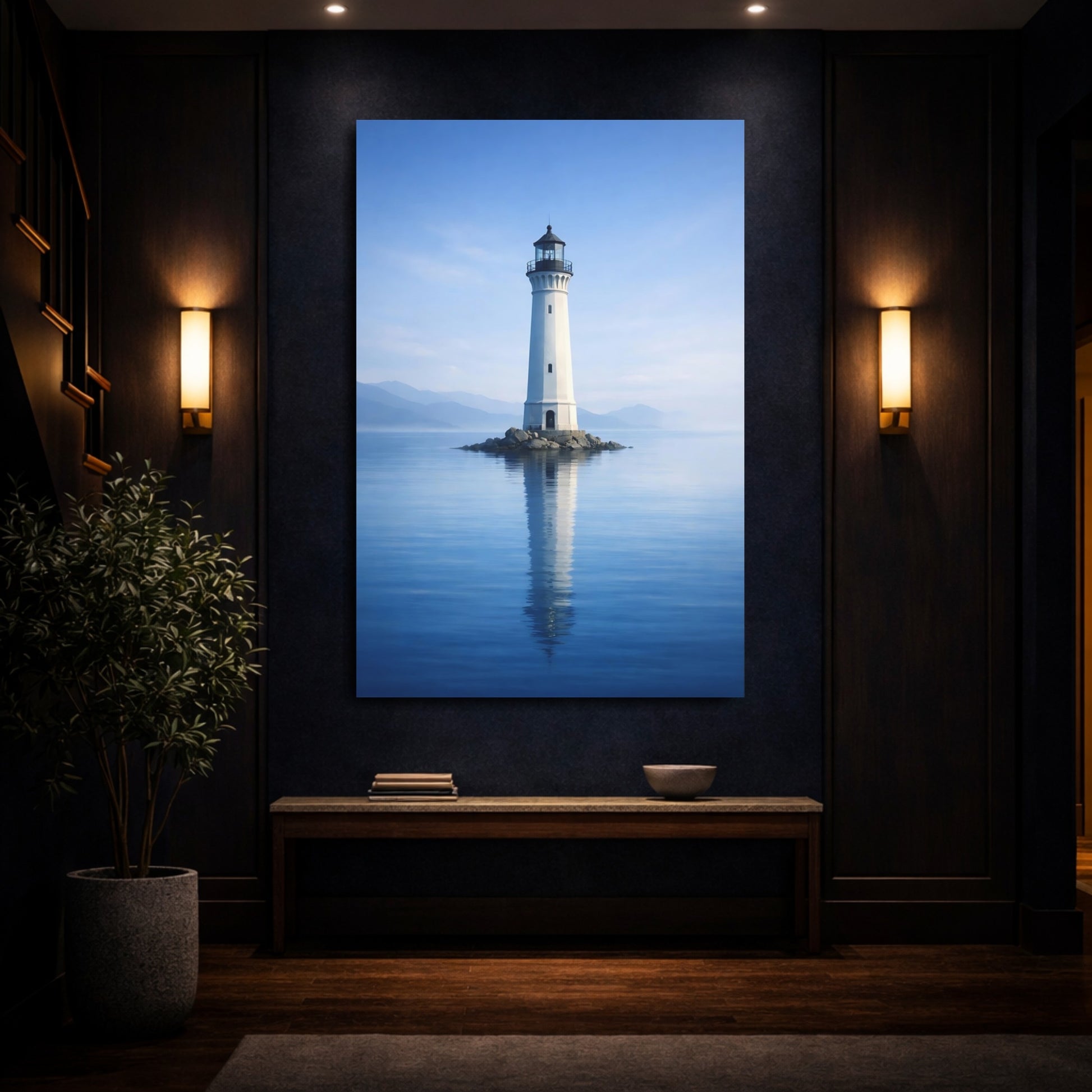 Mockup 3. Nature Lighthouse Blue And White Lighthouse shown as stretched canvas wall art