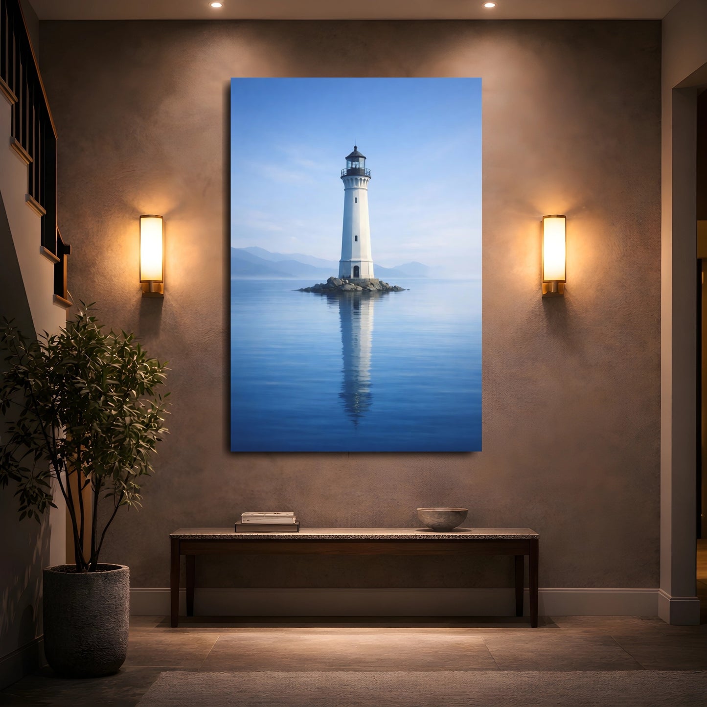 Mockup 4. Nature Lighthouse Blue And White Lighthouse shown as stretched canvas wall art