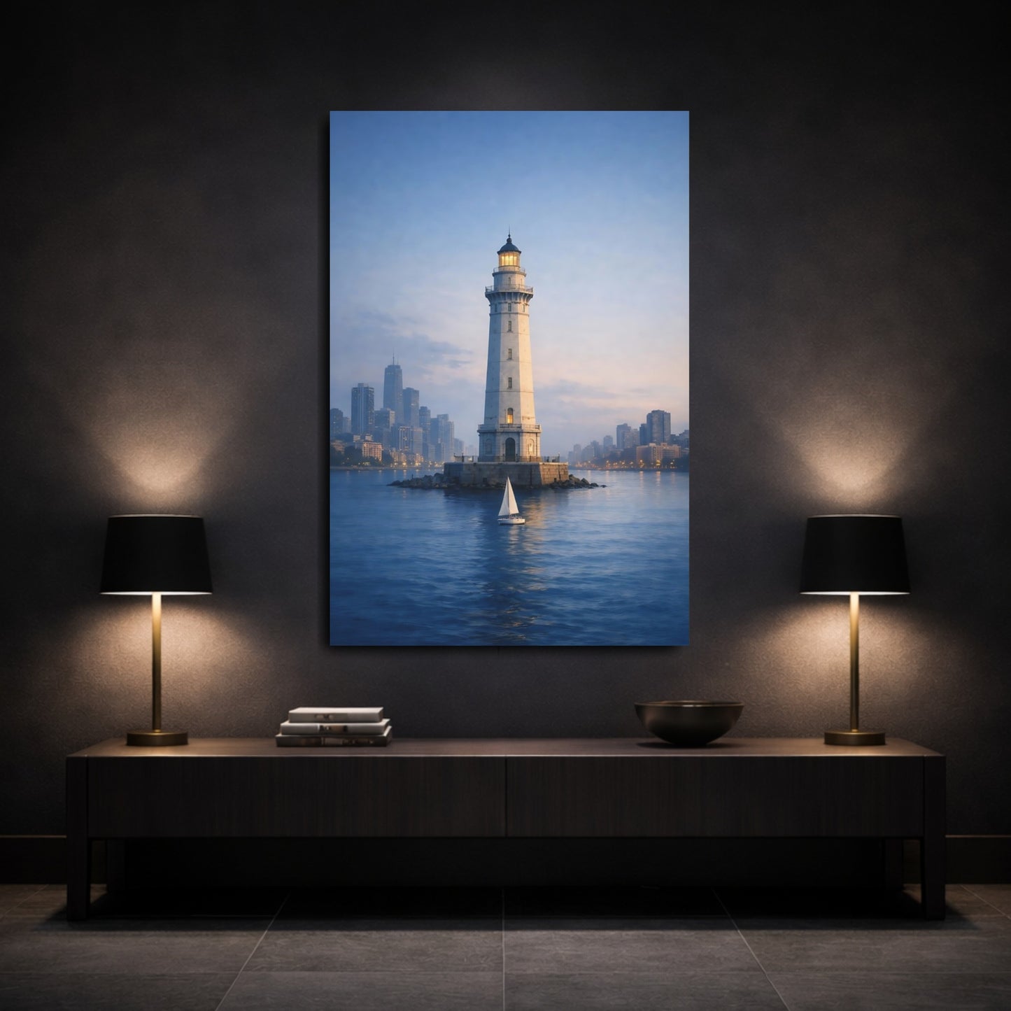 Mockup 2. Nature Lighthouse Blue And White shown as stretched canvas wall art
