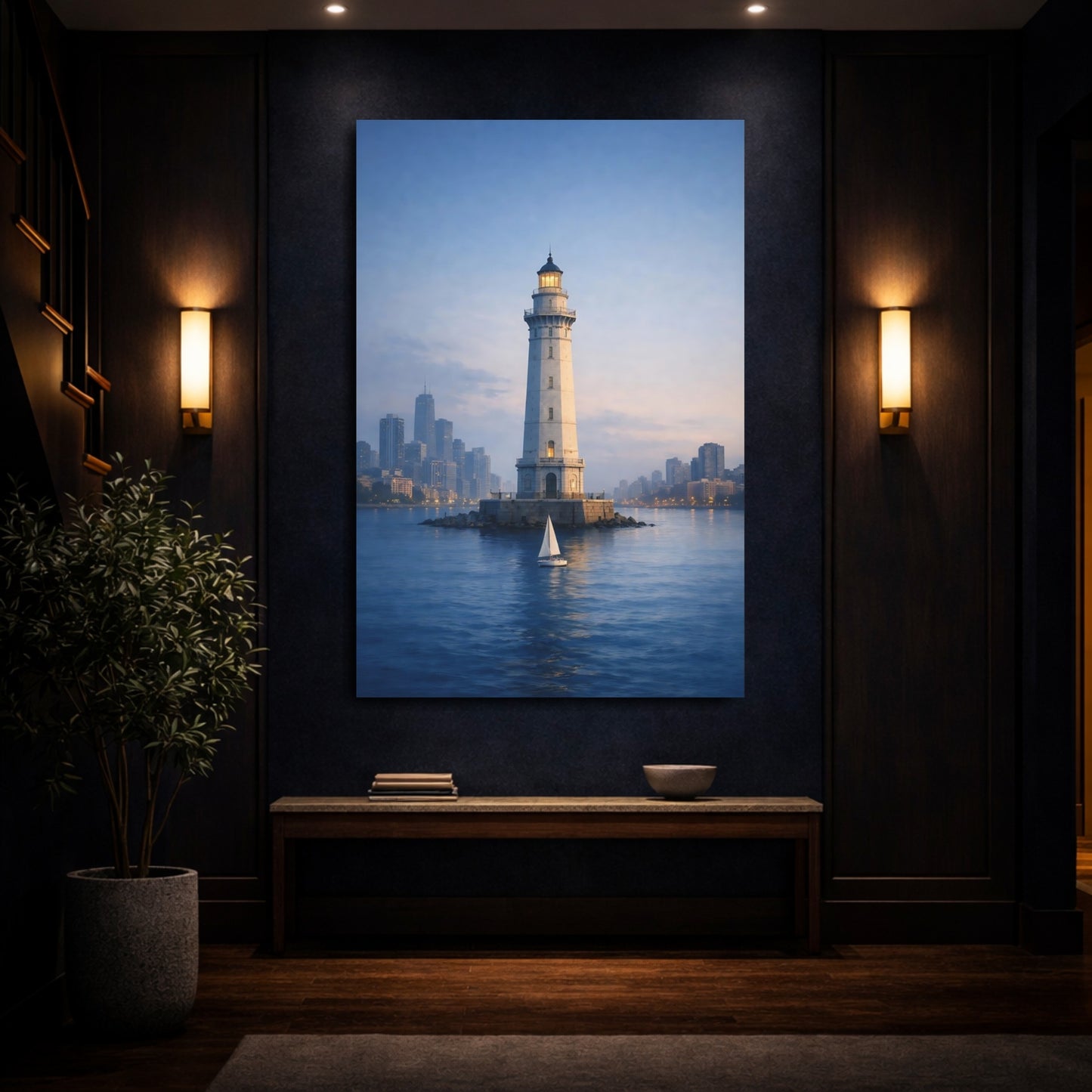 Mockup 3. Nature Lighthouse Blue And White shown as stretched canvas wall art