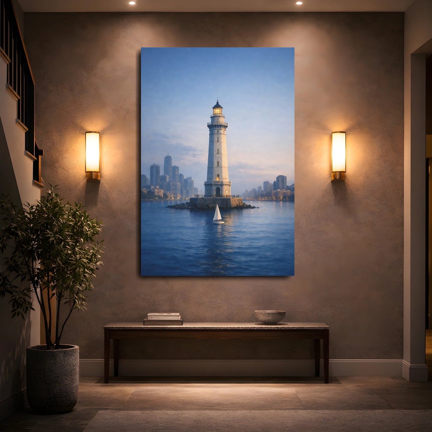 Mockup 4. Nature Lighthouse Blue And White shown as stretched canvas wall art