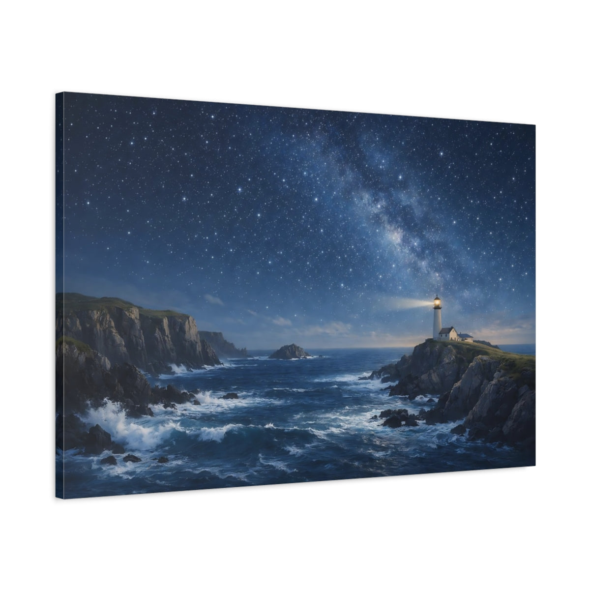 Main Mockup. Nature Lighthouse Blue Night Sky shown as stretched canvas wall art