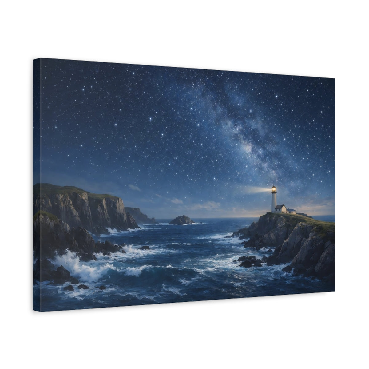 Side Mockup 3. Nature Lighthouse Blue Night Sky shown as stretched canvas wall art