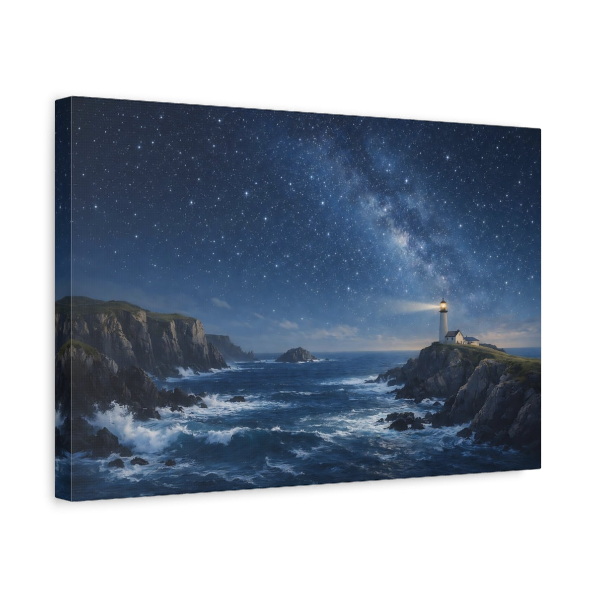 Side Mockup 4. Nature Lighthouse Blue Night Sky shown as stretched canvas wall art