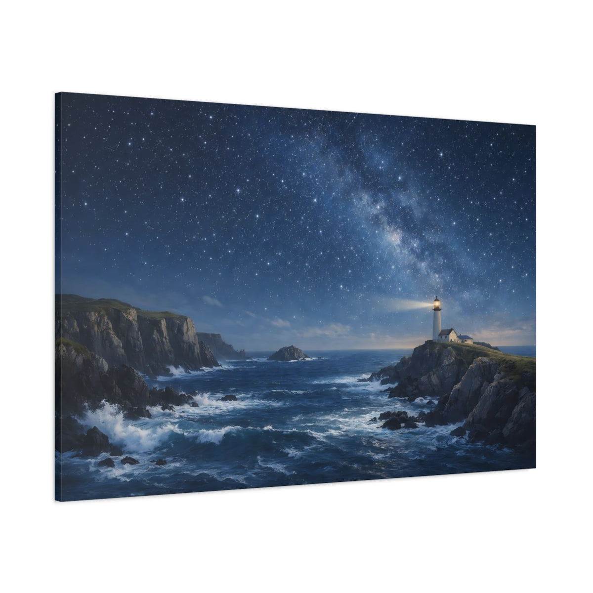 Side Mockup 1. Nature Lighthouse Blue Night Sky shown as stretched canvas wall art