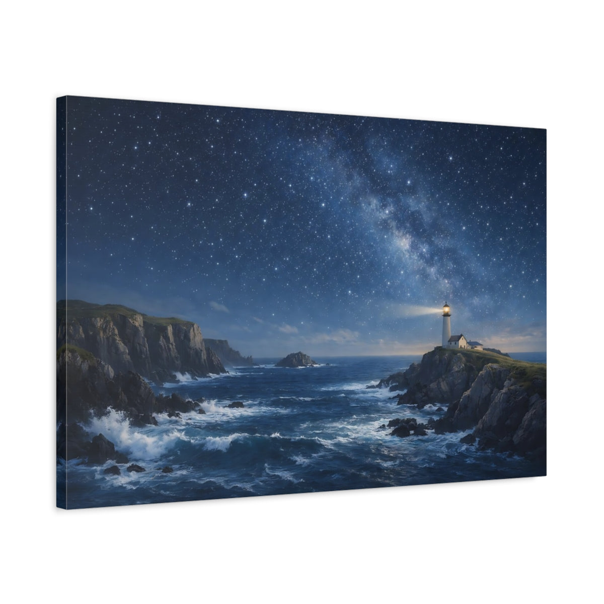 Side Mockup 2. Nature Lighthouse Blue Night Sky shown as stretched canvas wall art
