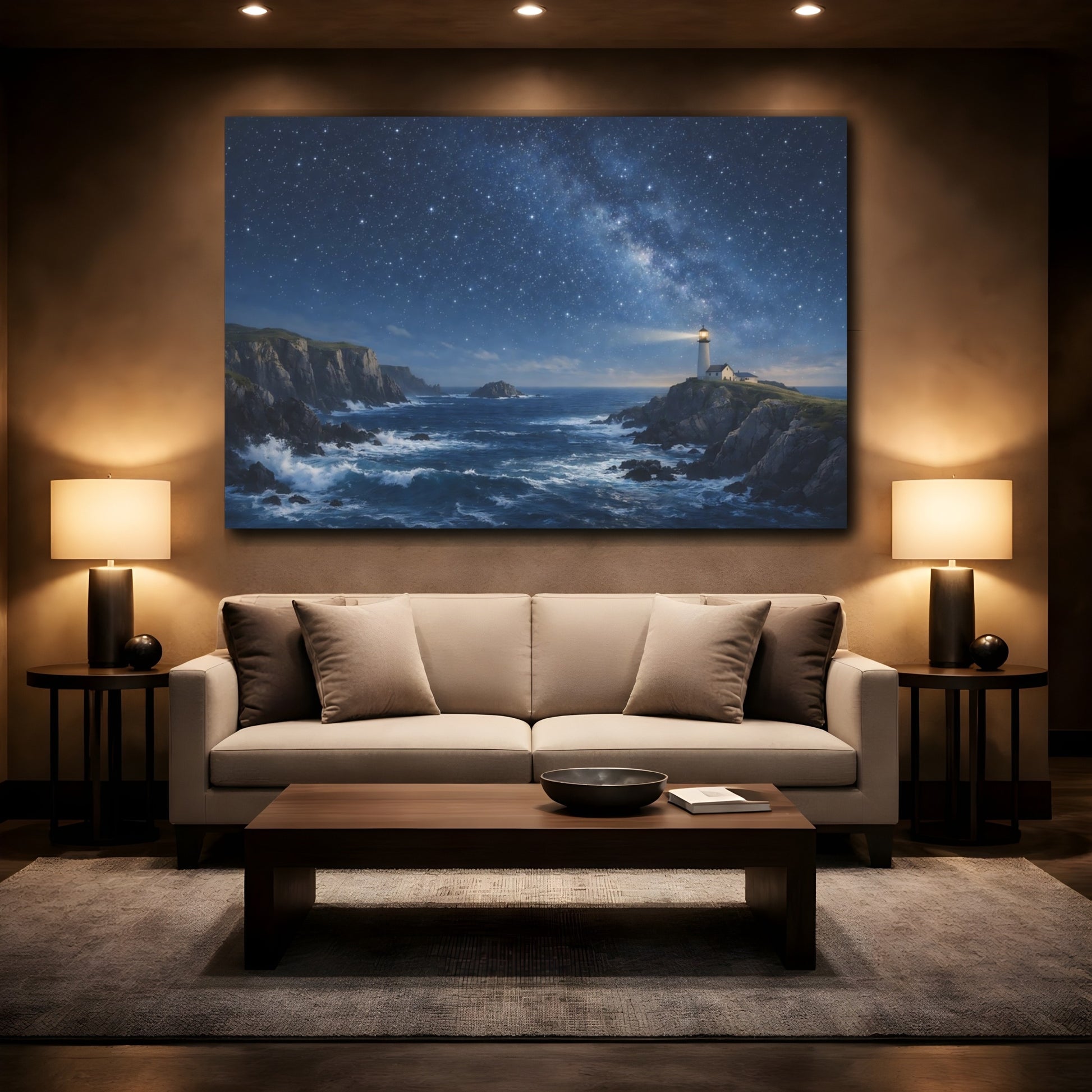 Mockup 2. Nature Lighthouse Blue Night Sky shown as stretched canvas wall art