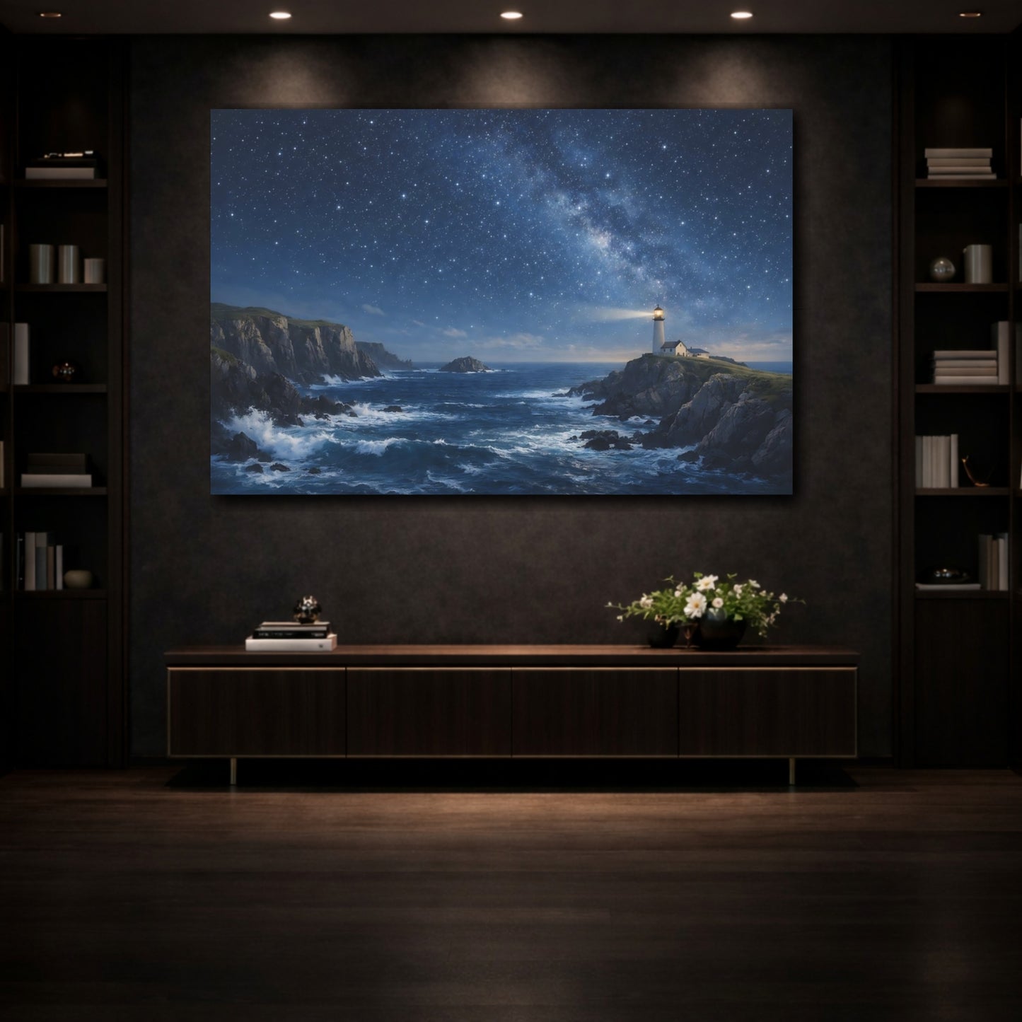 Mockup 3. Nature Lighthouse Blue Night Sky shown as stretched canvas wall art