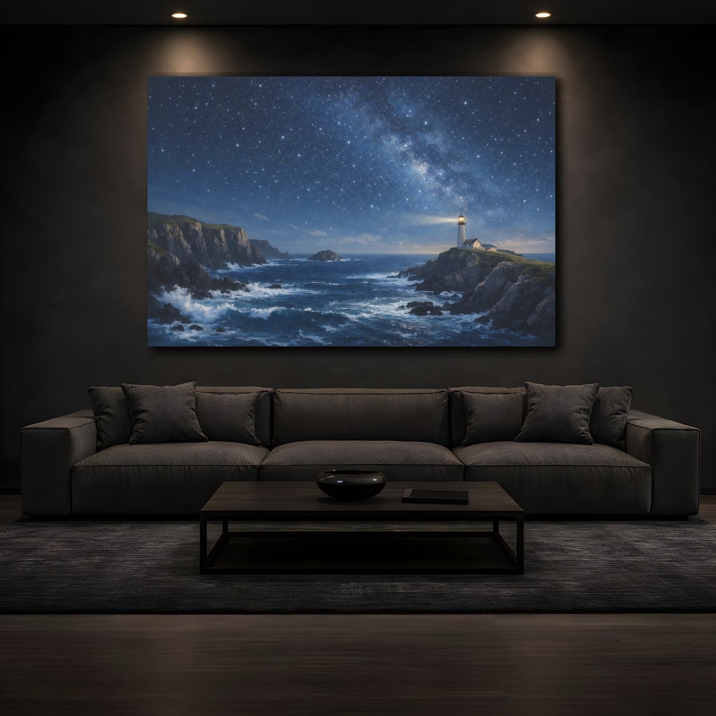 Mockup 4. Nature Lighthouse Blue Night Sky shown as stretched canvas wall art
