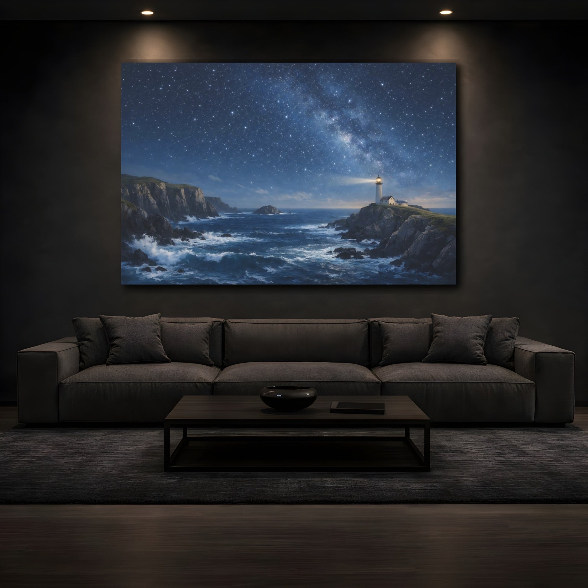 Mockup 4. Nature Lighthouse Blue Night Sky shown as stretched canvas wall art