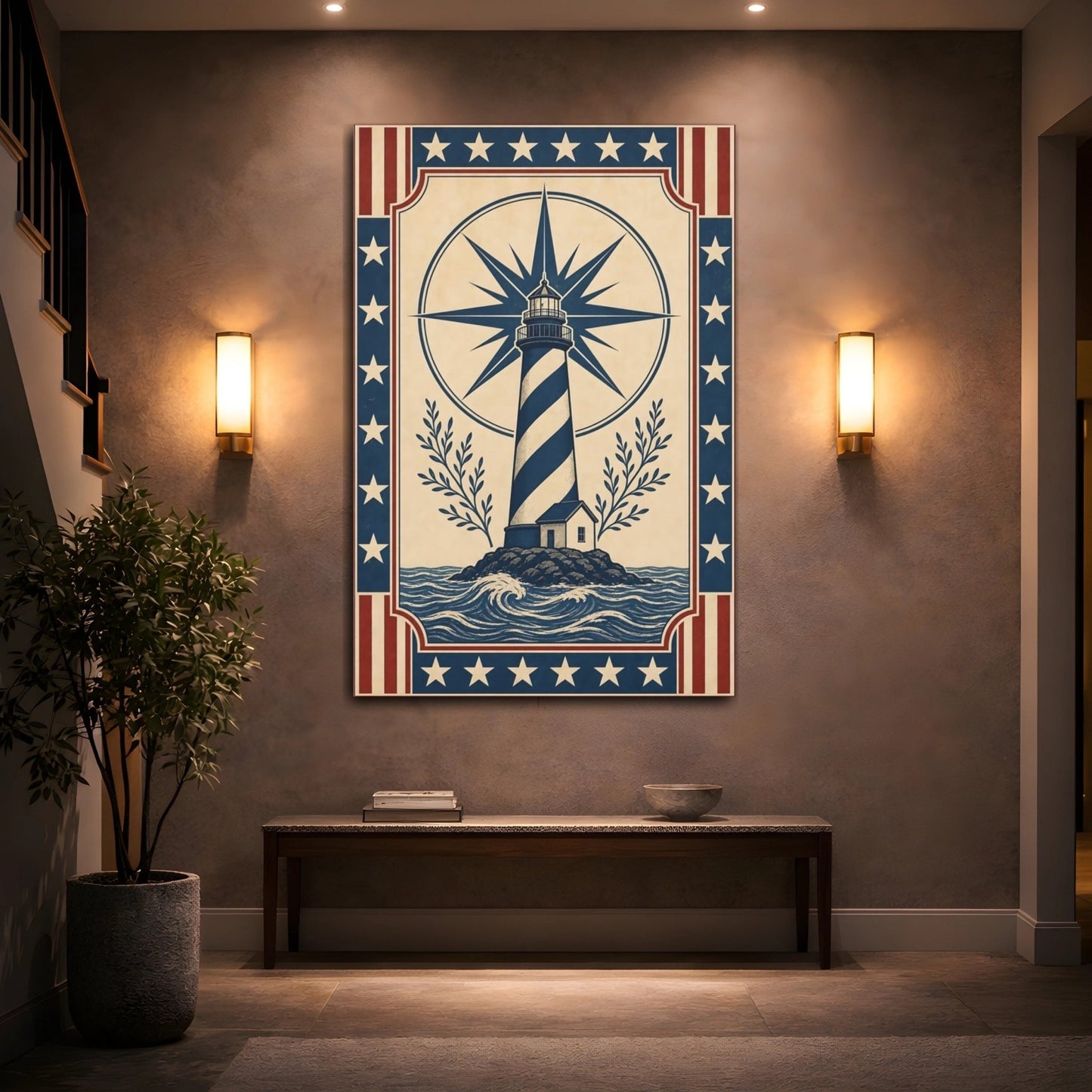 Nature Lighthouse Blue Red Nautical Canvas Wall Art Print – Vintage Living Room, Large - YesArtYes
