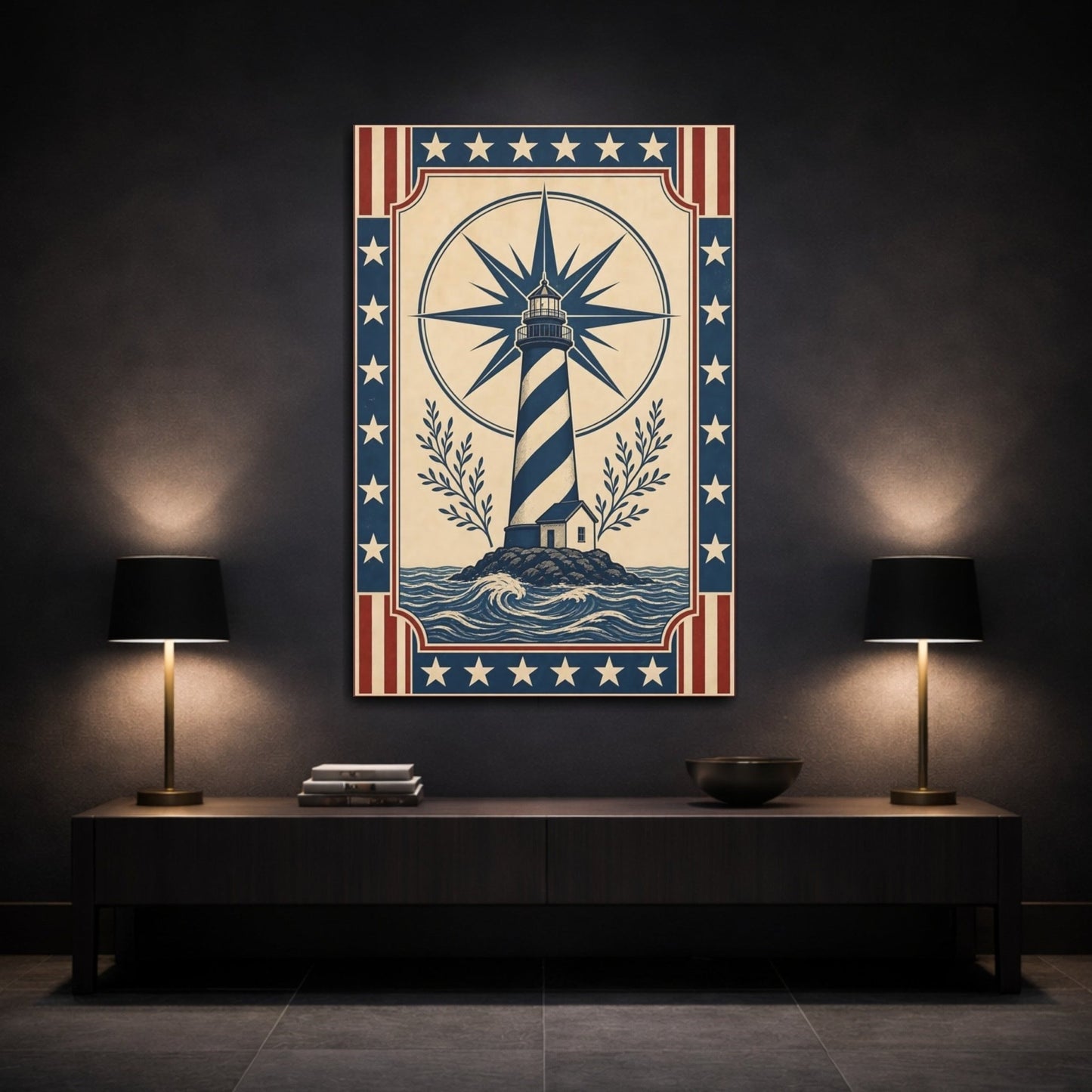 Nature Lighthouse Blue Red Nautical Canvas Wall Art Print – Vintage Living Room, Large - YesArtYes