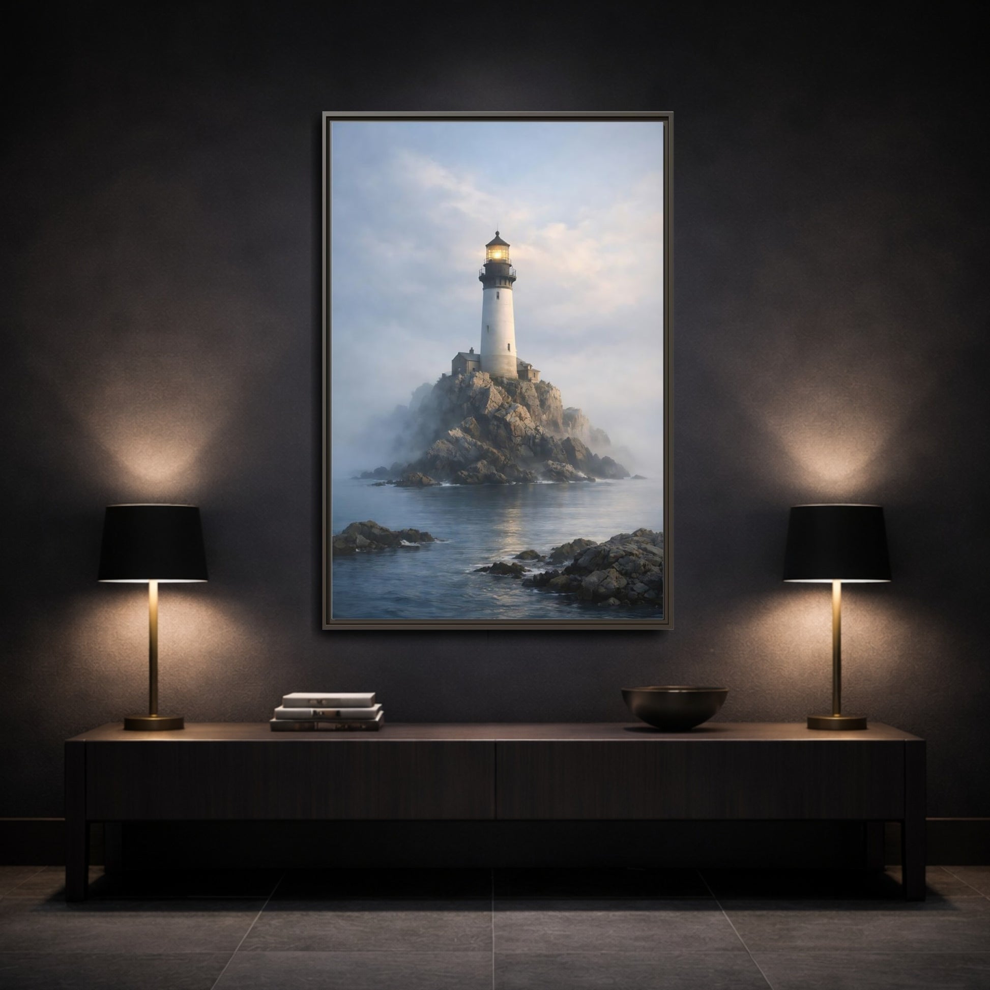 Mockup 2. Nature Lighthouse Coastal Blue shown as stretched canvas wall art