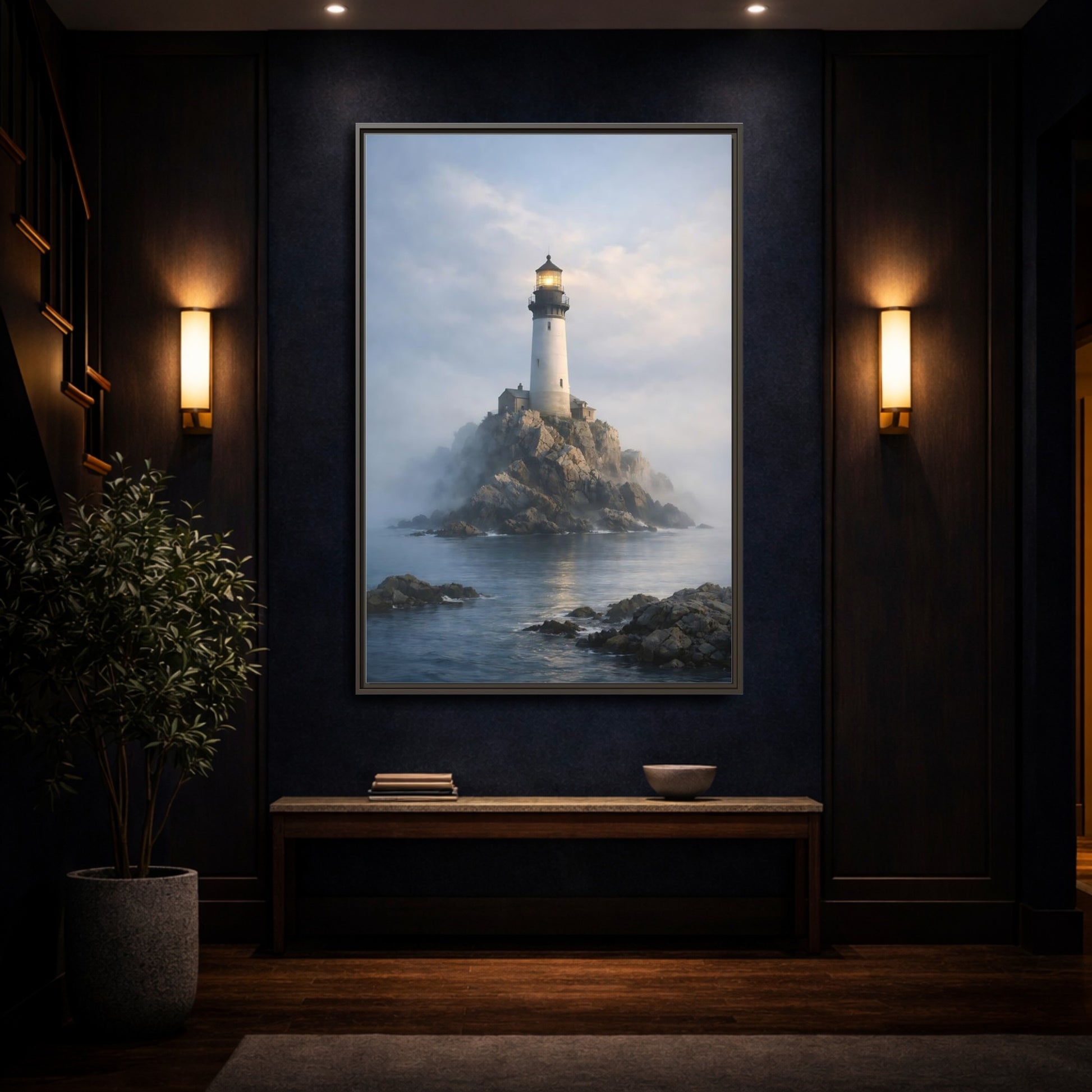 Mockup 3. Nature Lighthouse Coastal Blue shown as stretched canvas wall art