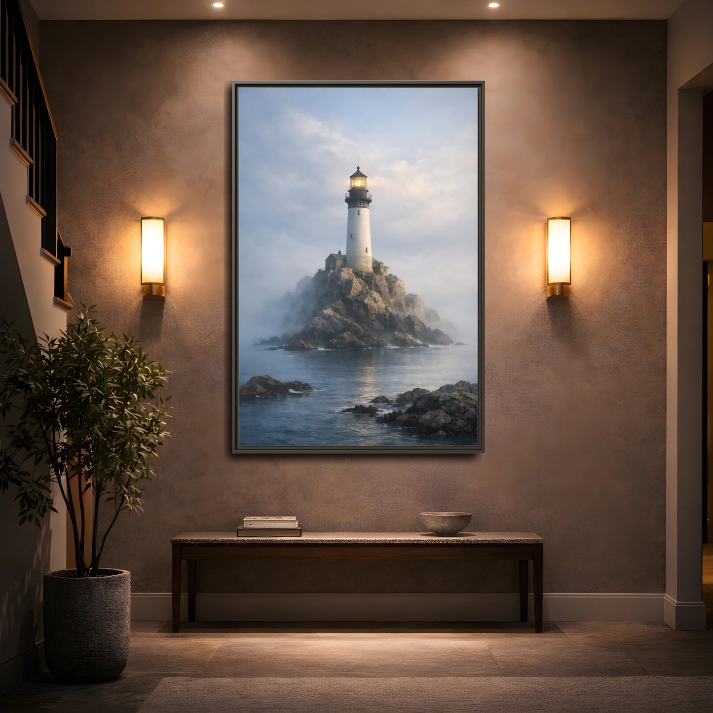 Mockup 4. Nature Lighthouse Coastal Blue shown as stretched canvas wall art