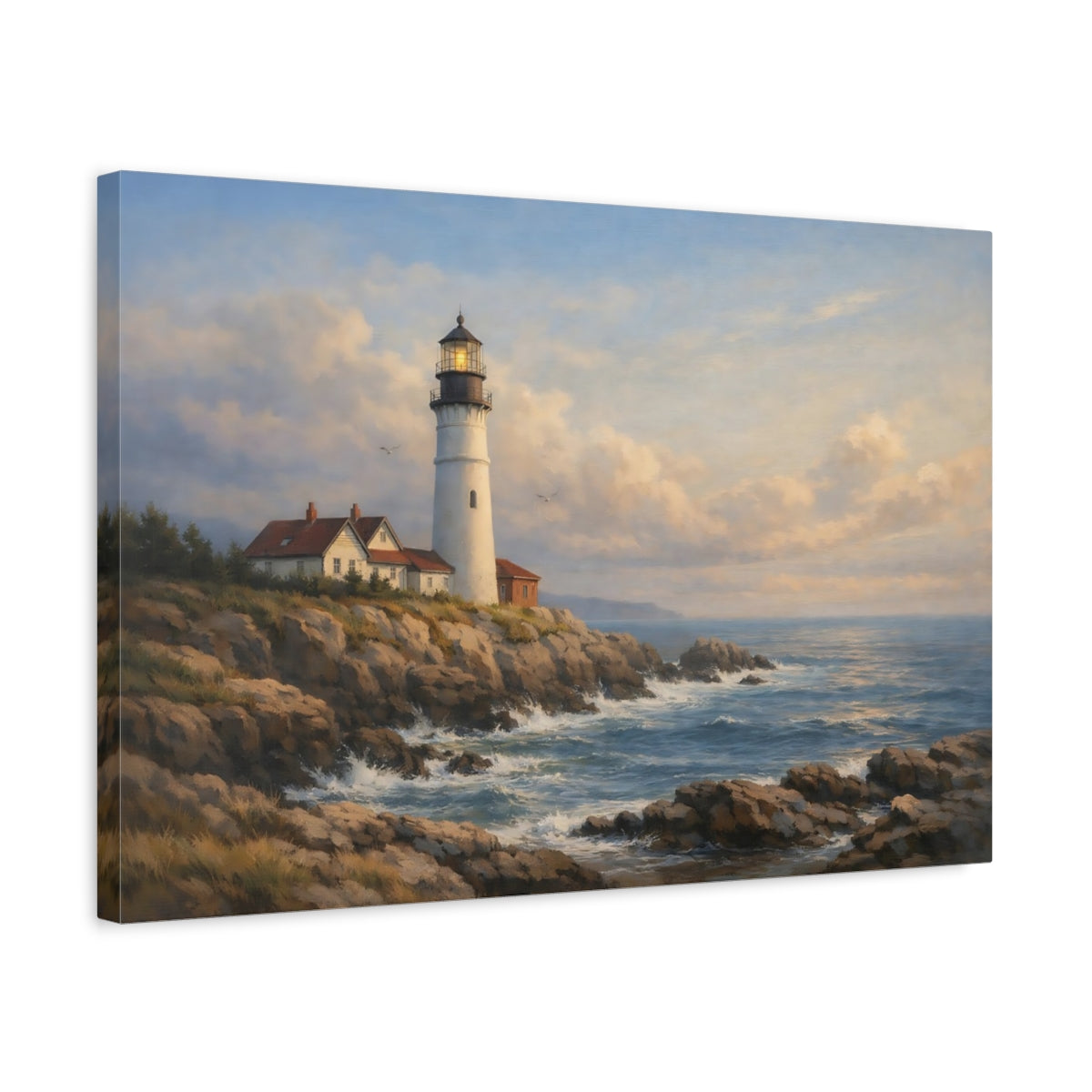 Side Mockup 3. Nature Lighthouse Coastal Lighthouse shown as stretched canvas wall art