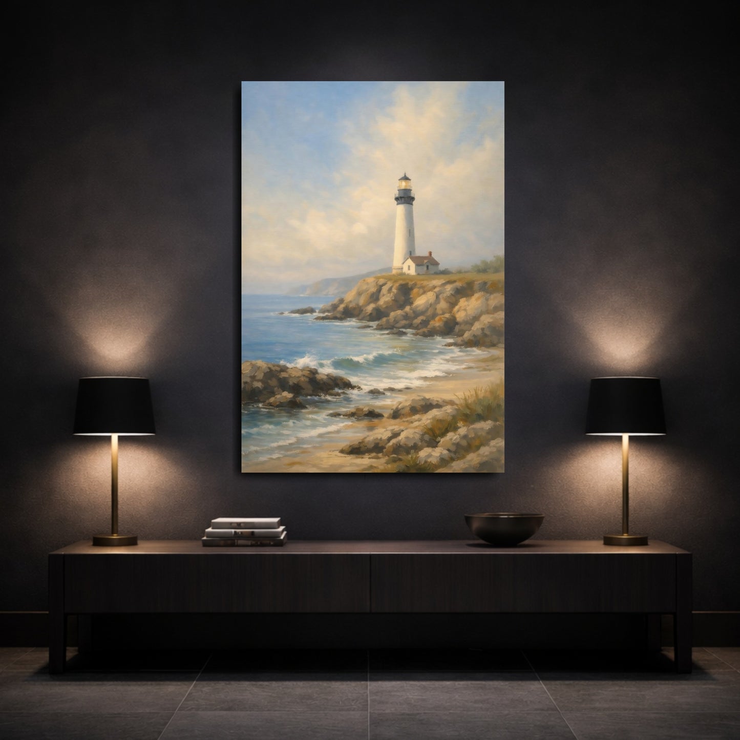 Mockup 2. Nature Lighthouse Coastal Lighthouse shown as stretched canvas wall art