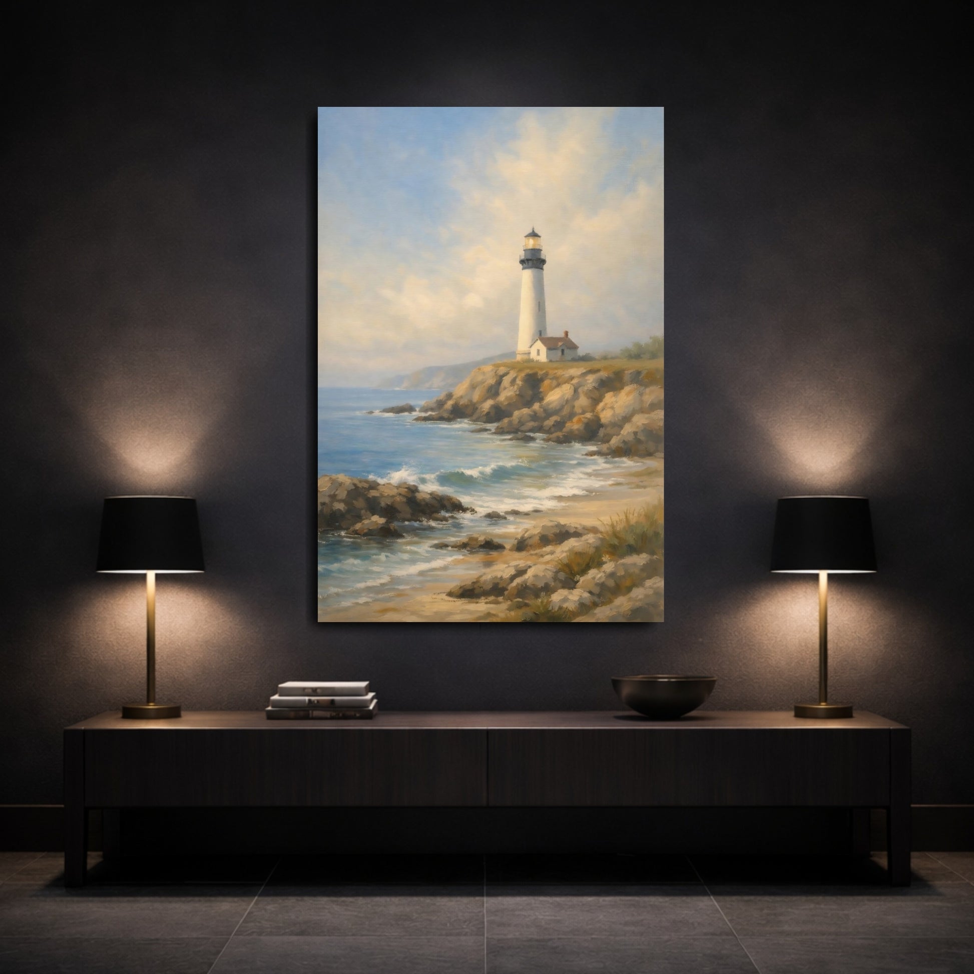 Mockup 2. Nature Lighthouse Coastal Lighthouse shown as stretched canvas wall art