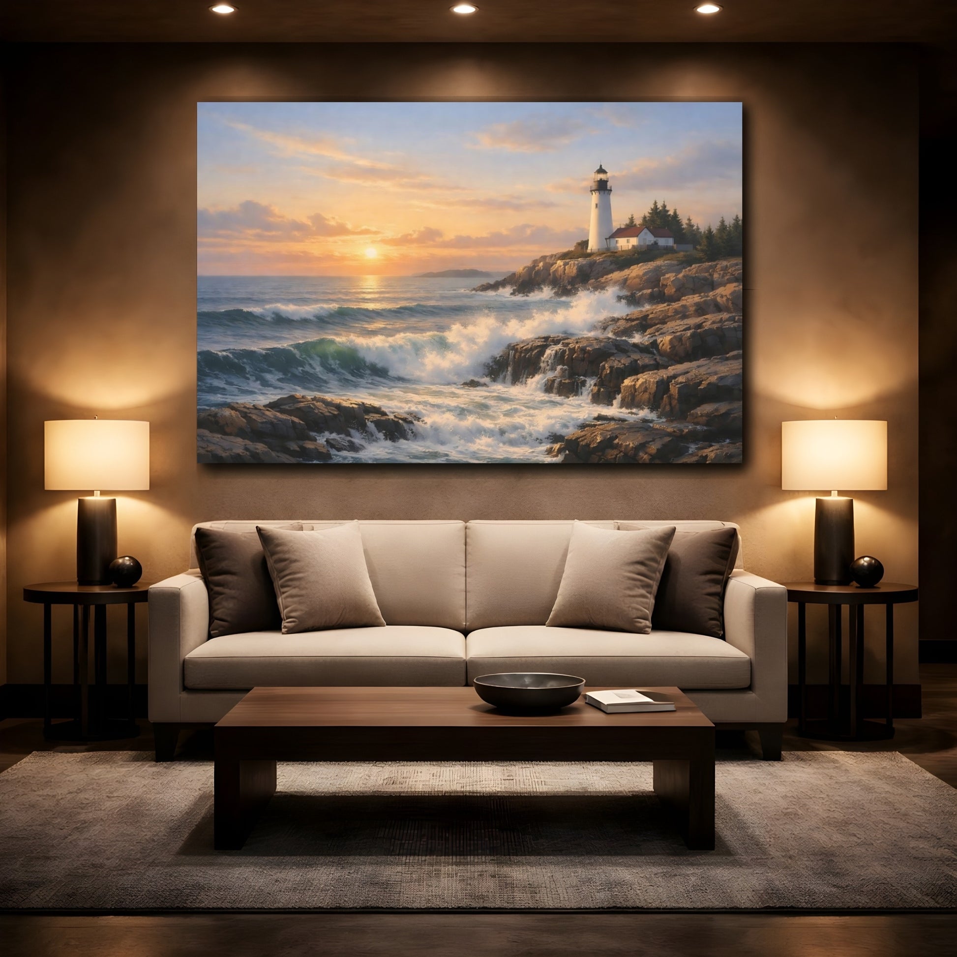 Mockup 2. Nature Lighthouse Coastal Lighthouse shown as stretched canvas wall art