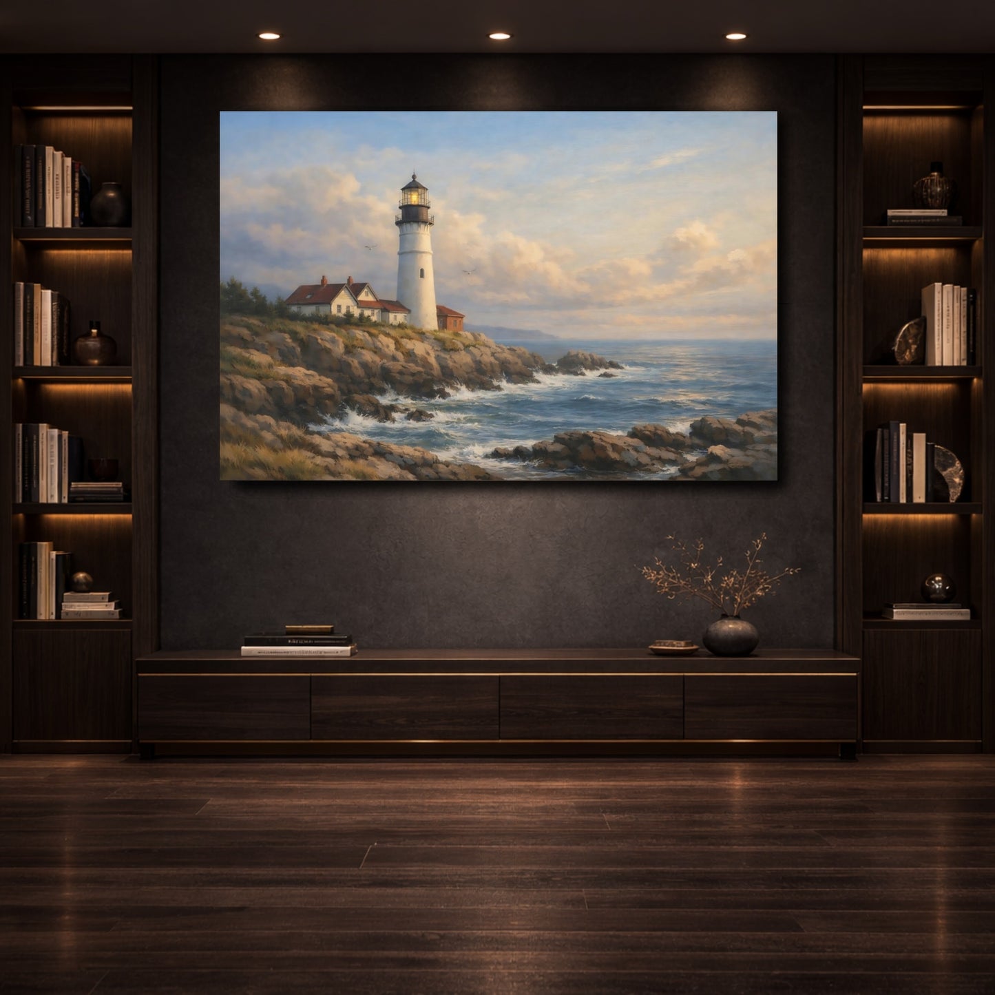 Mockup 3. Nature Lighthouse Coastal Lighthouse shown as stretched canvas wall art