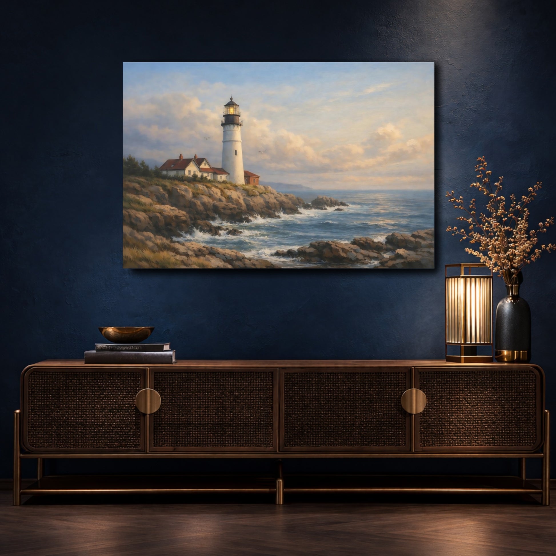 Mockup 4. Nature Lighthouse Coastal Lighthouse shown as stretched canvas wall art