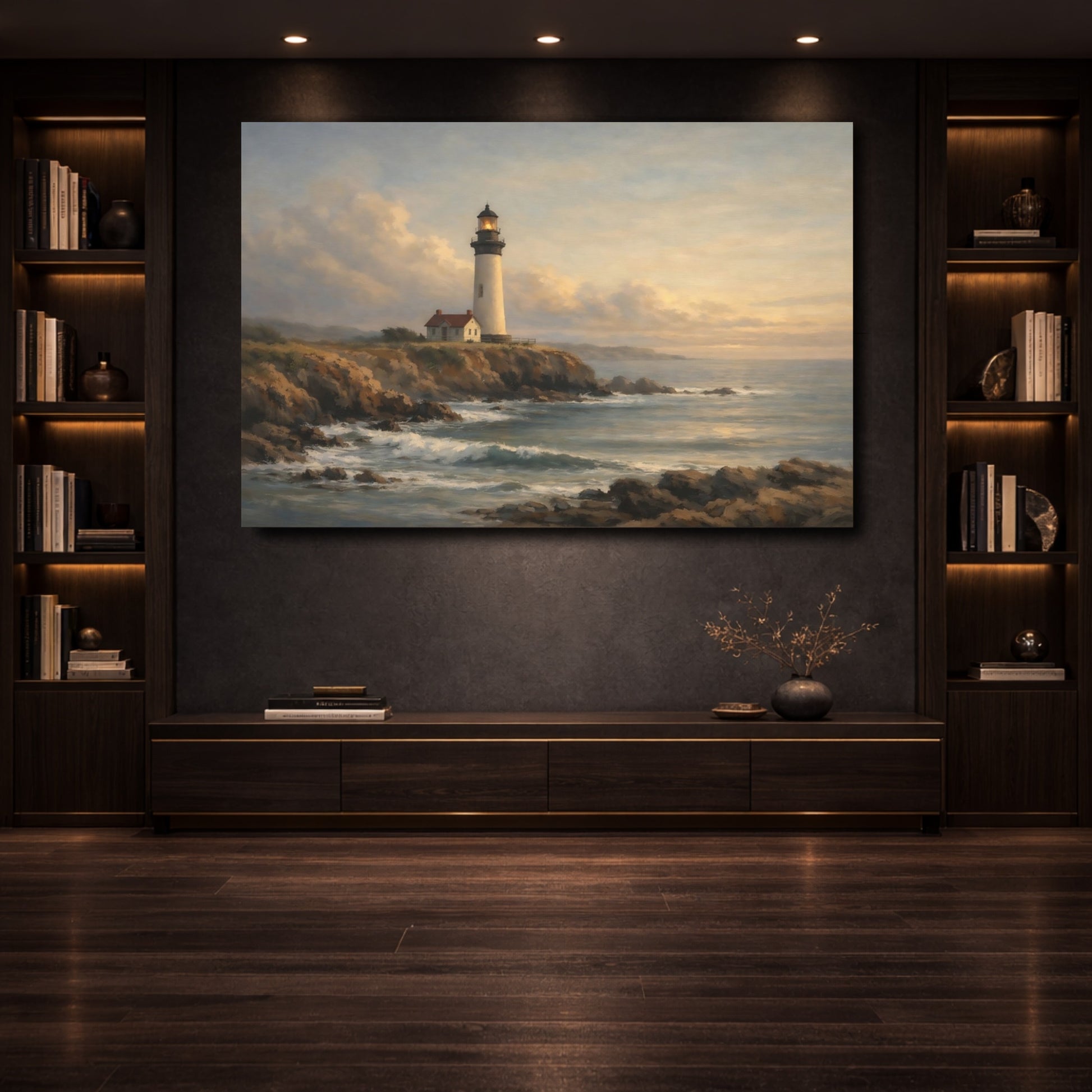 Mockup 3. Nature Lighthouse Coastal Lighthouse View shown as stretched canvas wall art