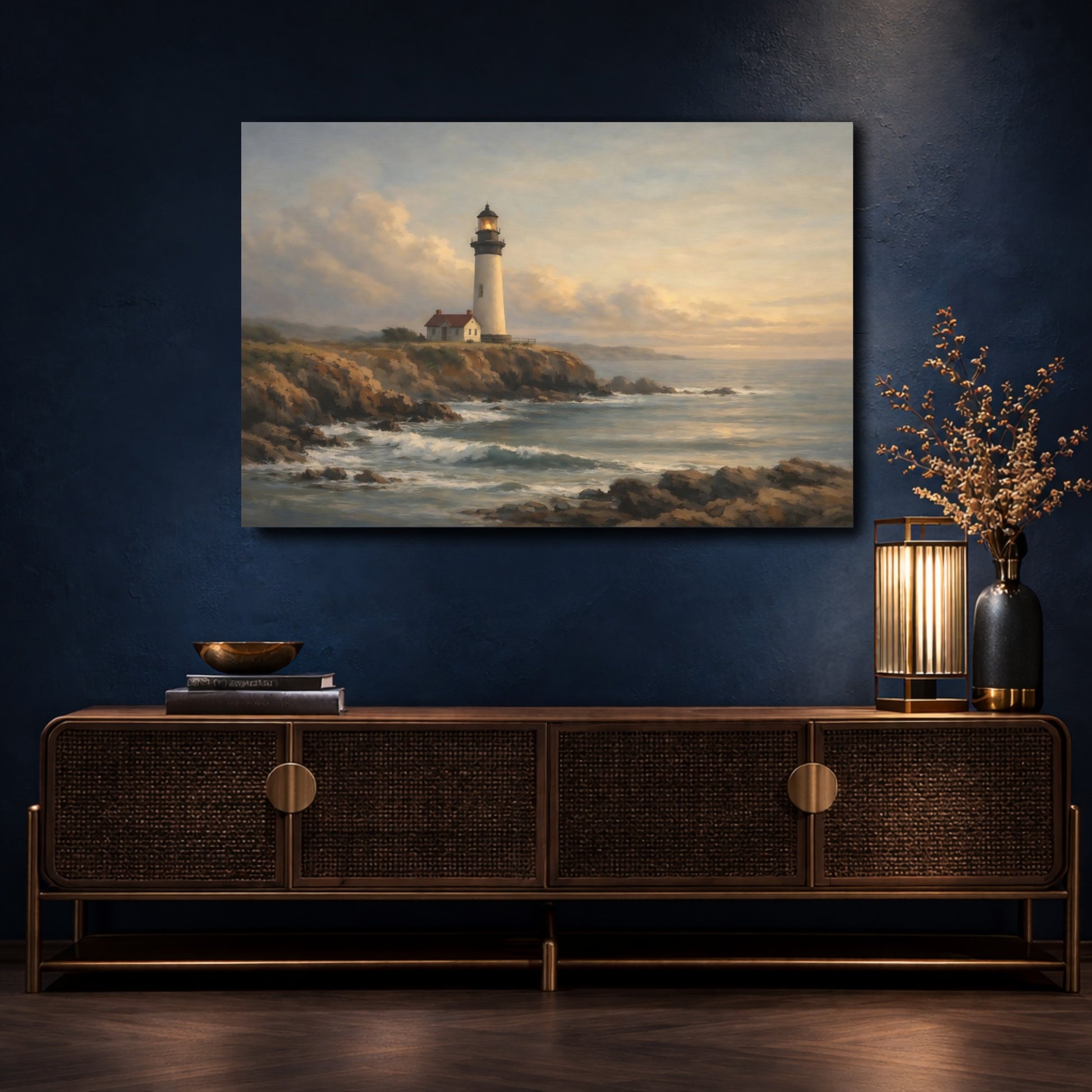 Mockup 4. Nature Lighthouse Coastal Lighthouse View shown as stretched canvas wall art