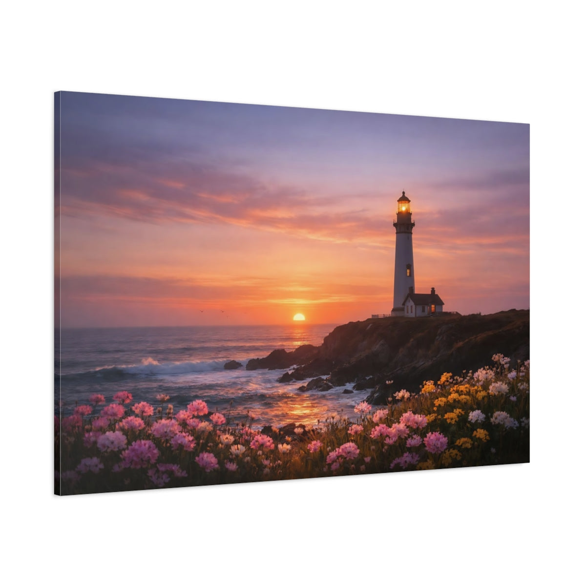 Nature Lighthouse Coastal Sunset shown as stretched canvas wall art