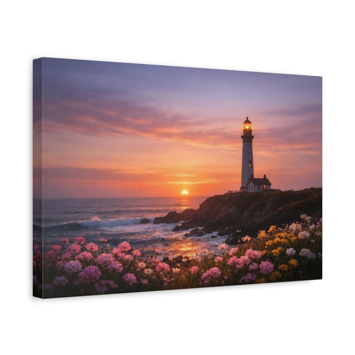 Nature Lighthouse Coastal Sunset - Canvas Wall Art Print - YesArtYes